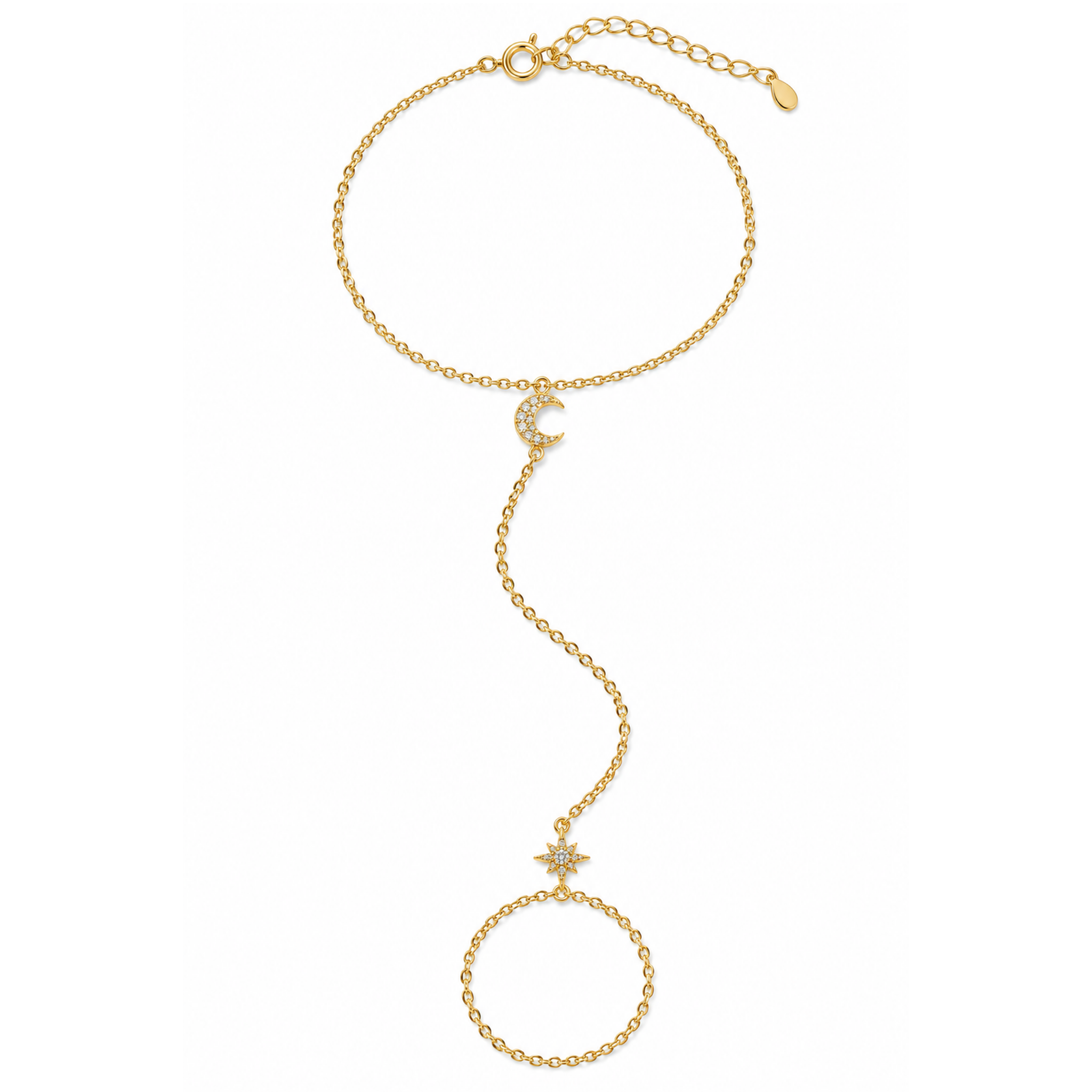 Moon Star Hand Chain Ring Bracelet in 925 Sterling Silver