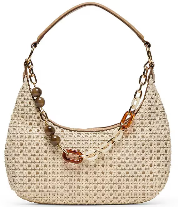 Dolce Vita Poppie woven chain shoulder bag with woven strap and chain detail, stylish accessory for casual and evening wear.
