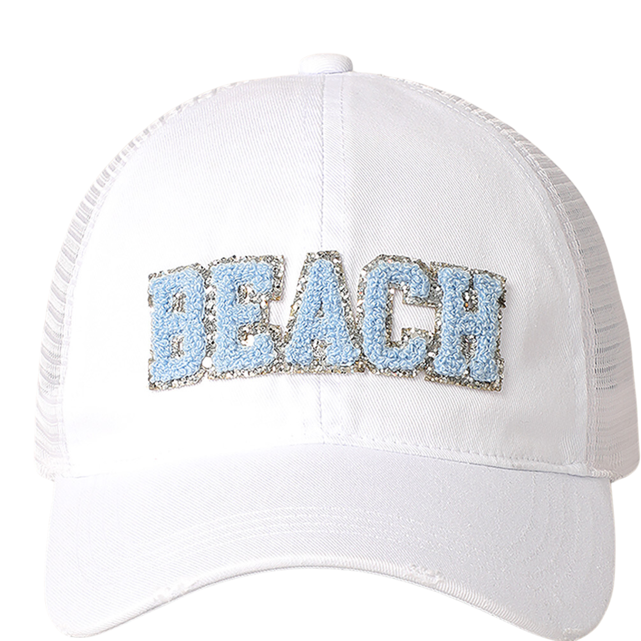 Beach Chenille Letter Patch Mesh Back Baseball Cap - Let's Bag It