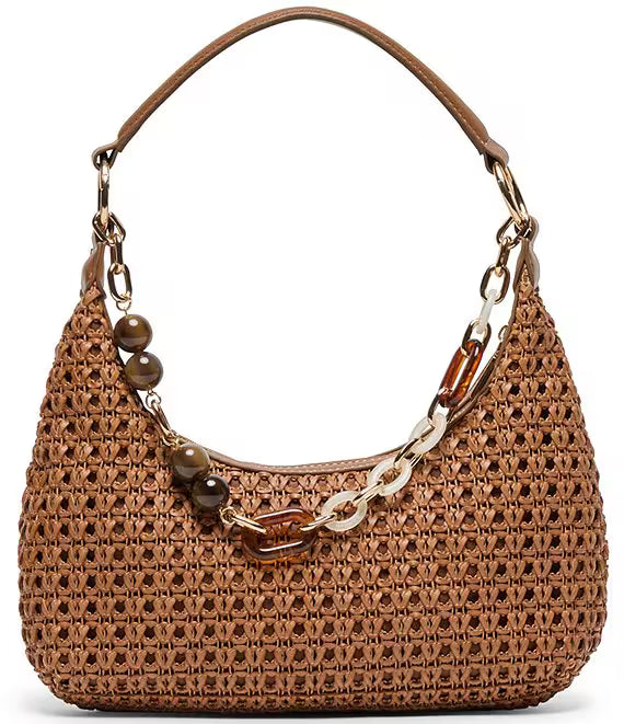 Dolce Vita Poppie woven chain shoulder bag with woven fabric and chain strap, stylish accessory for casual or evening wear.
