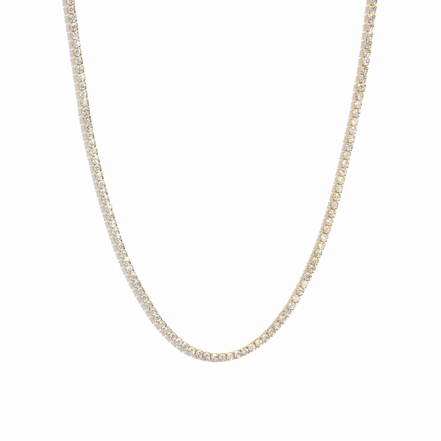 Shiny 2mm tennis necklace by Private Label featuring a sleek, sparkling chain with a secure clasp, displayed on a neutral background.