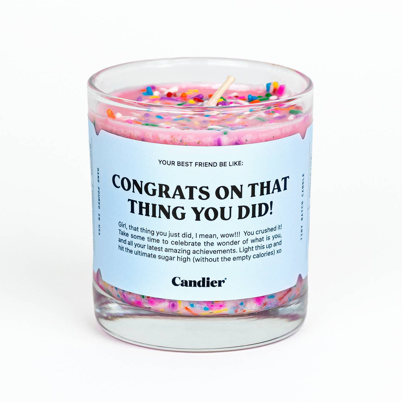 Candier congratulation candle with a simple white wax design and "Congrats" inscription, perfect for celebrations and special occasions