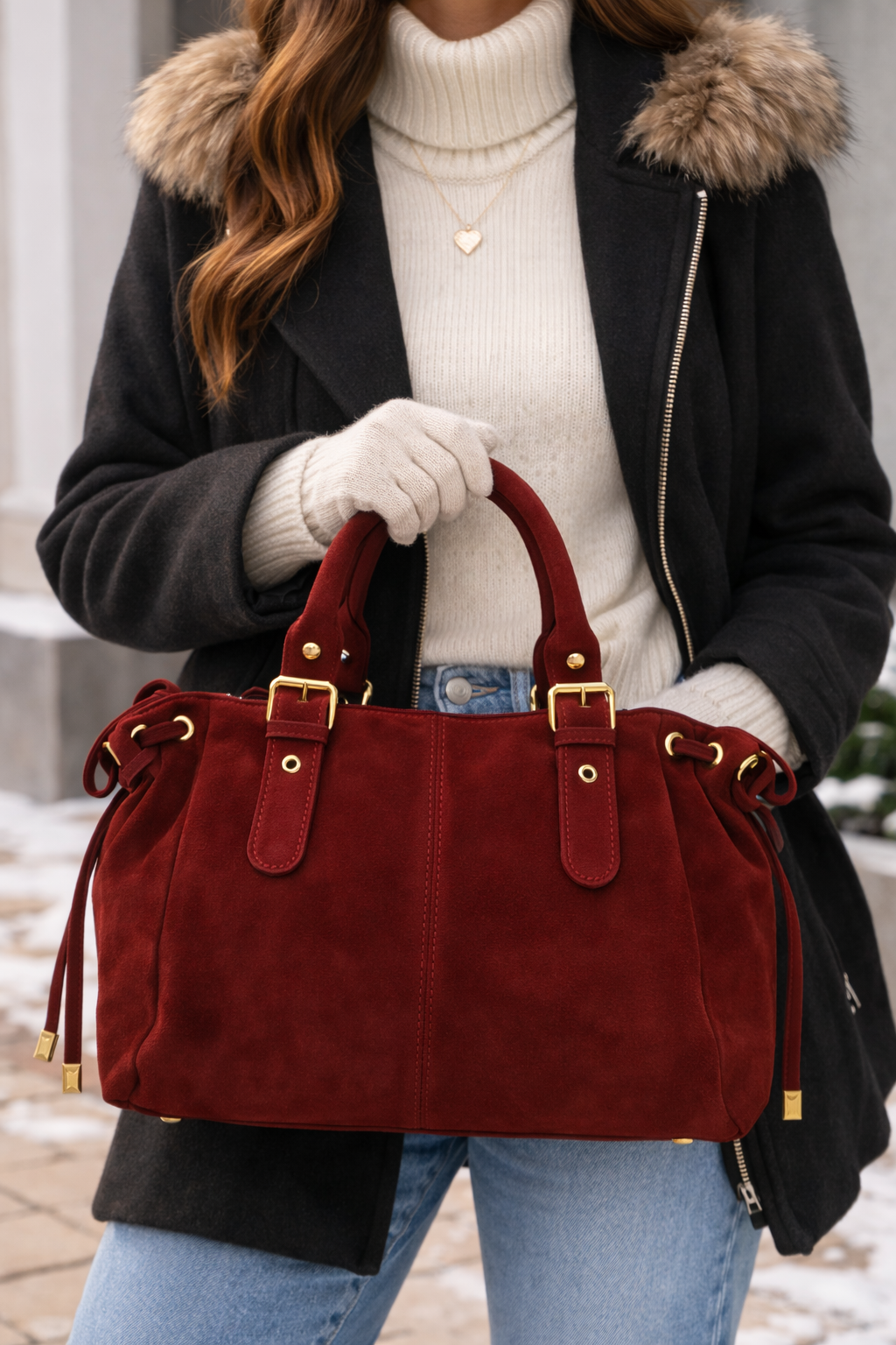 Burgundy Suede Large Shoulder Bag