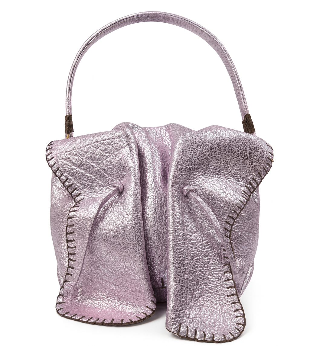 Metallic silver handbag with a unique design on a white background