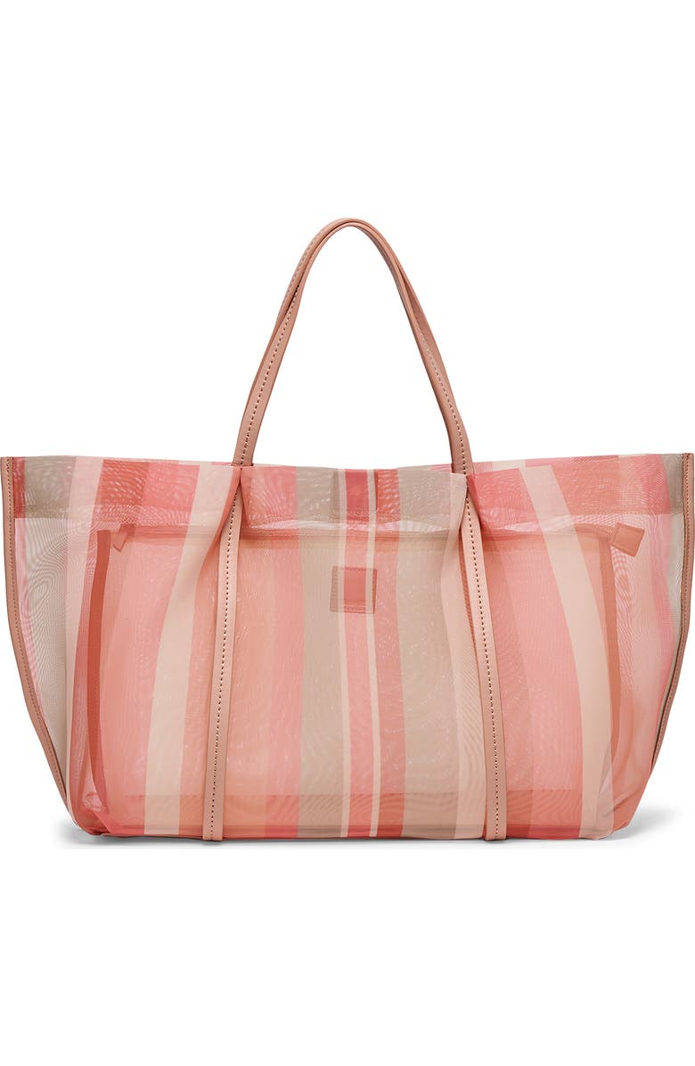 Dolce Vita Aislin coral stripe mesh beach tote bag with breathable mesh material and sturdy handles.
