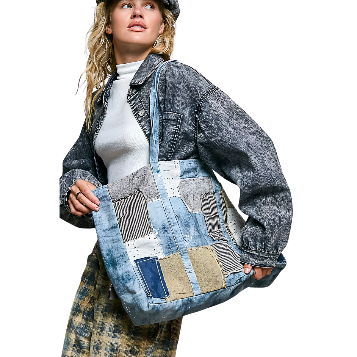 Unique Mix Patchwork Vintage Denim Casual Tote Bag
