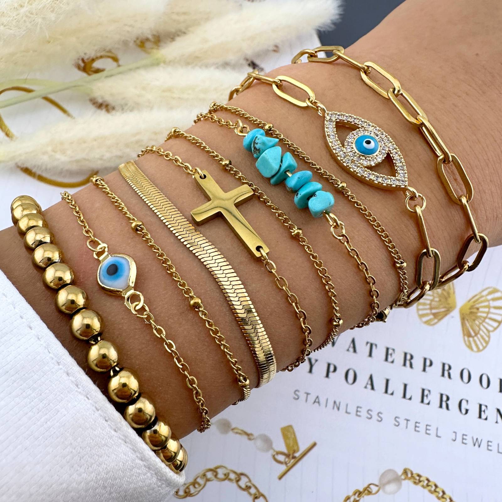 Double Dainty Evil Eye Bracelet, 18K Gold Plated Steel