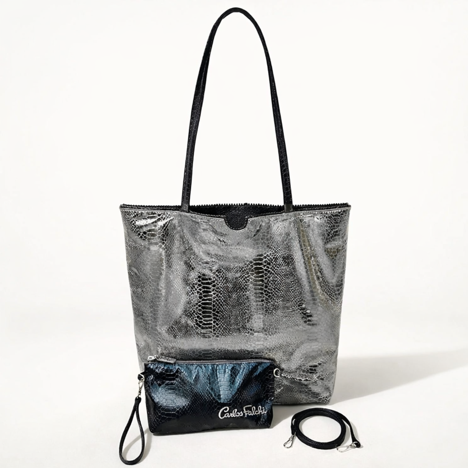 Carlos Falchi vegan python tote bag with sleek design and structured shape, featuring a spacious interior and stylish silhouette.