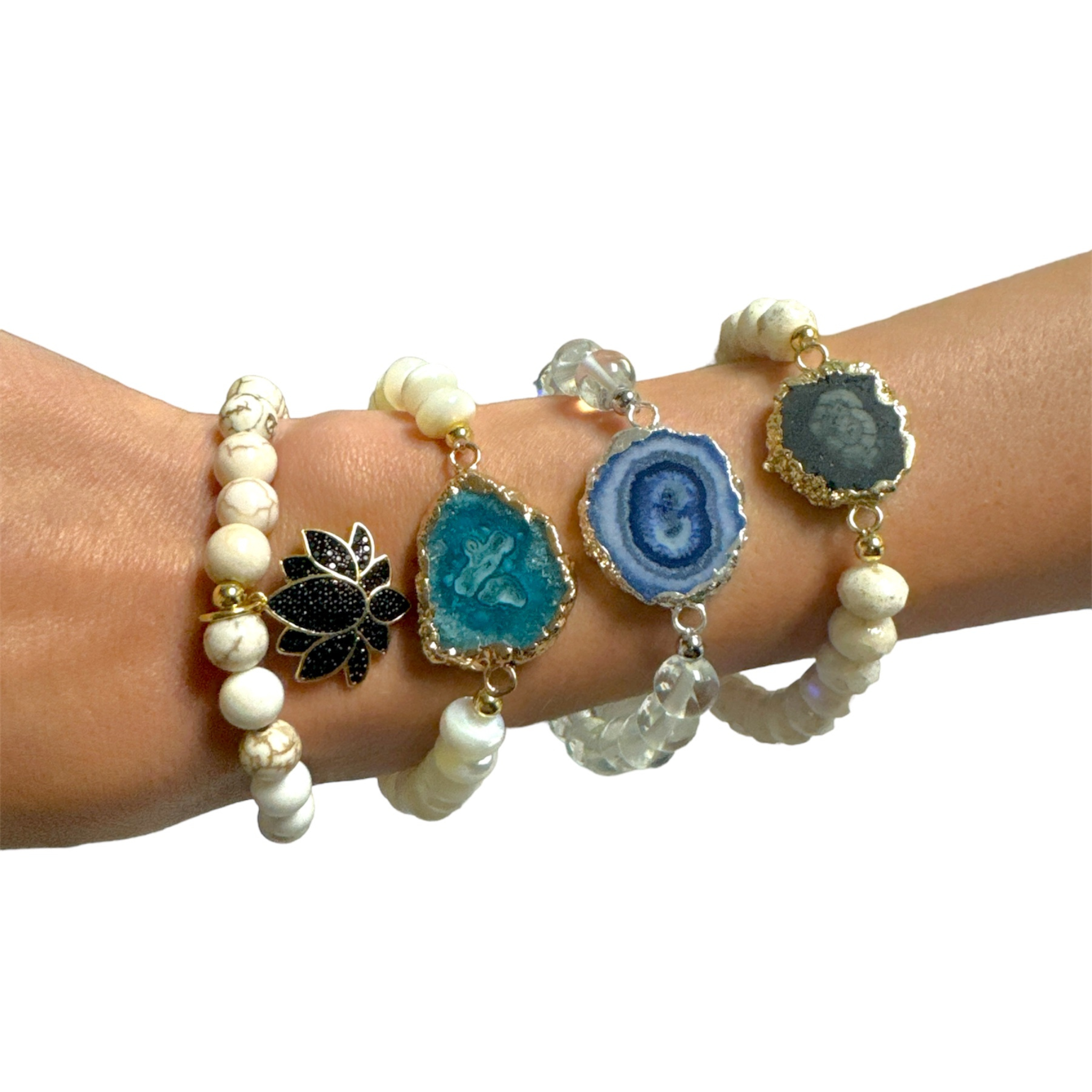 White druzy and charm beaded bracelet stack