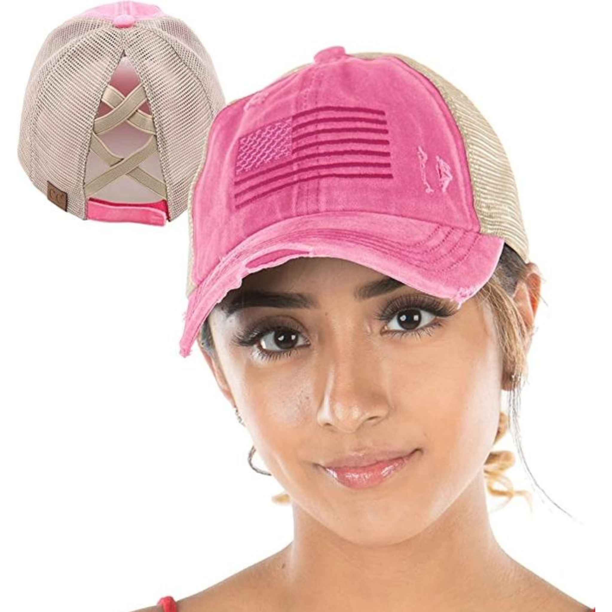 Criss Cross Pony cap - American Flag (Pink)