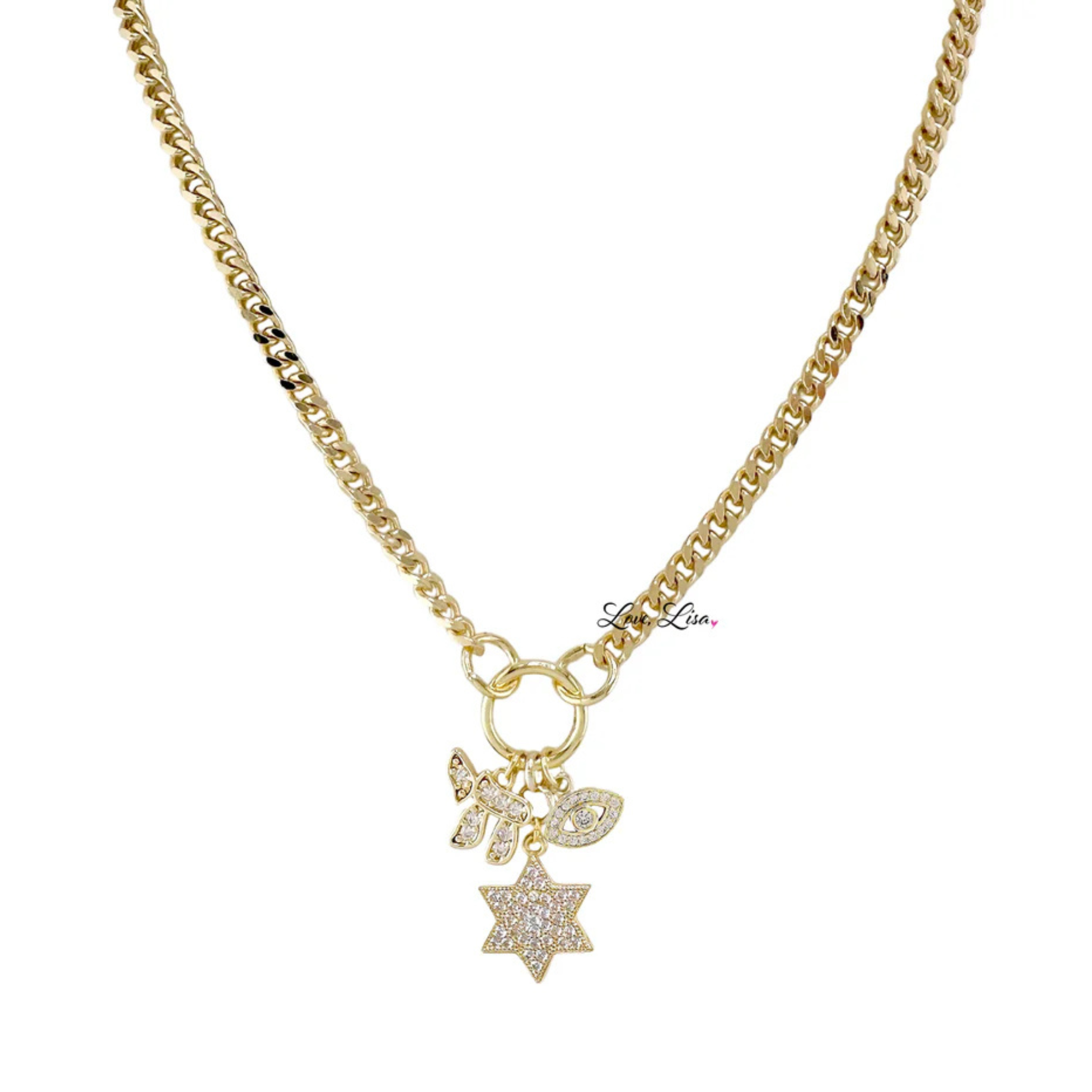 Hebrew Chai, Star of David & Evil Eye Charm Necklace