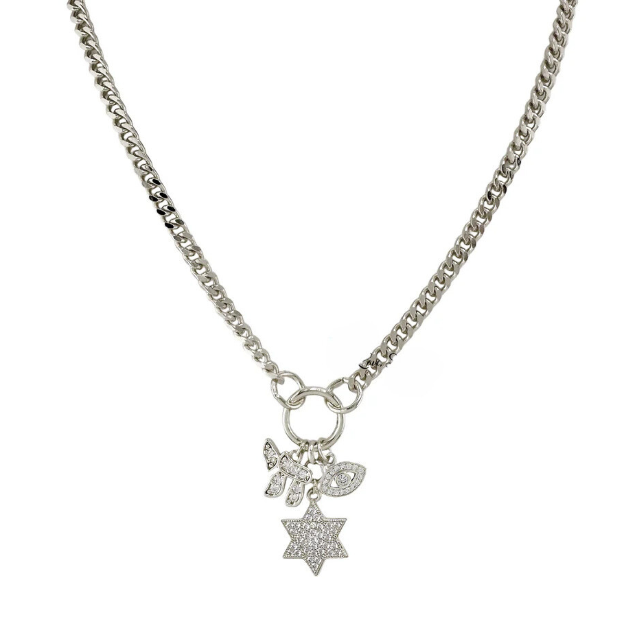 Hebrew Chai, Star of David & Evil Eye Charm Necklace