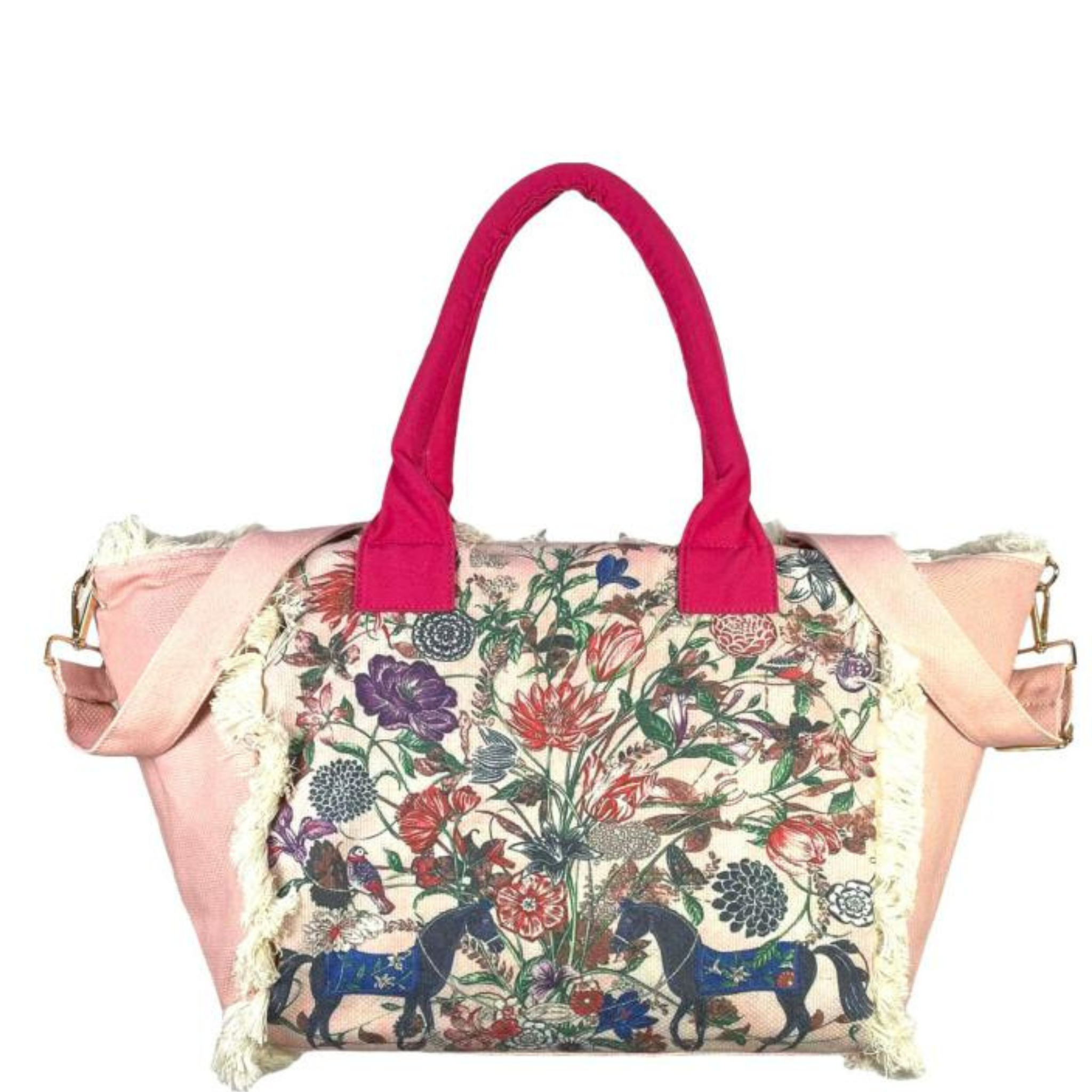 Canvas Shopper Bag with Decorative Design & Fringes