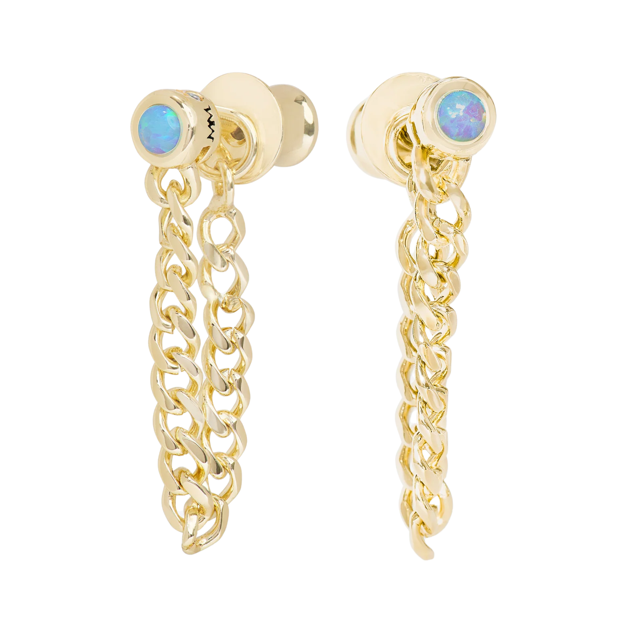 Melinda Maria Julian 3mm gold chain hoop earrings with blue opal accents, showcasing delicate, soft chain design.