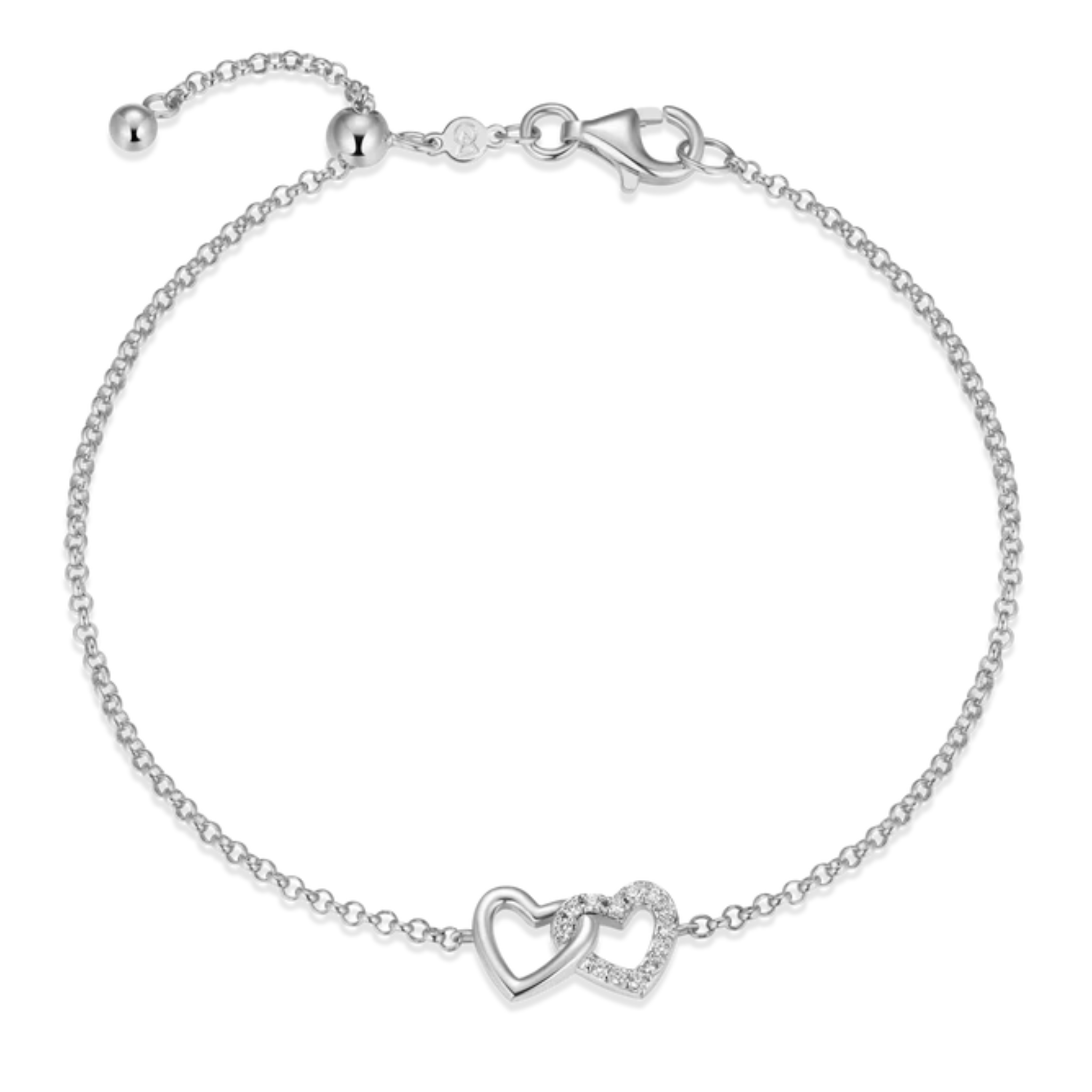 Open Twin Heart Bolo Bracelet in Rhodium Plated Sterling Silver