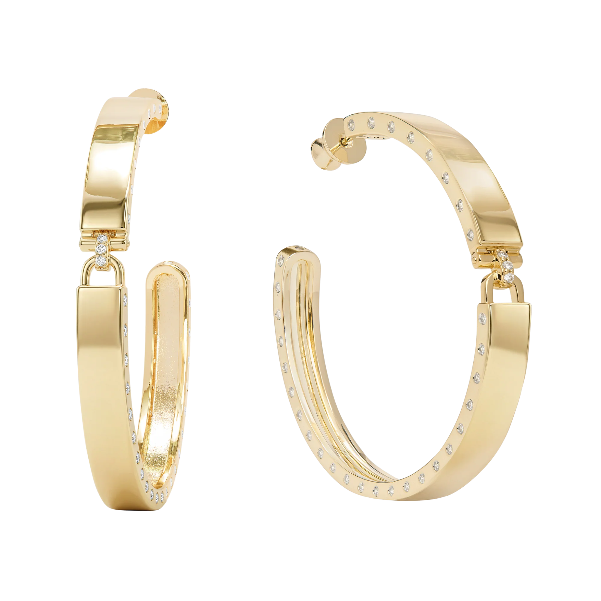 Gold Ashley Lock Hoops earrings with white diamondette accents by Melinda Maria, featuring a 2-inch hoop design.