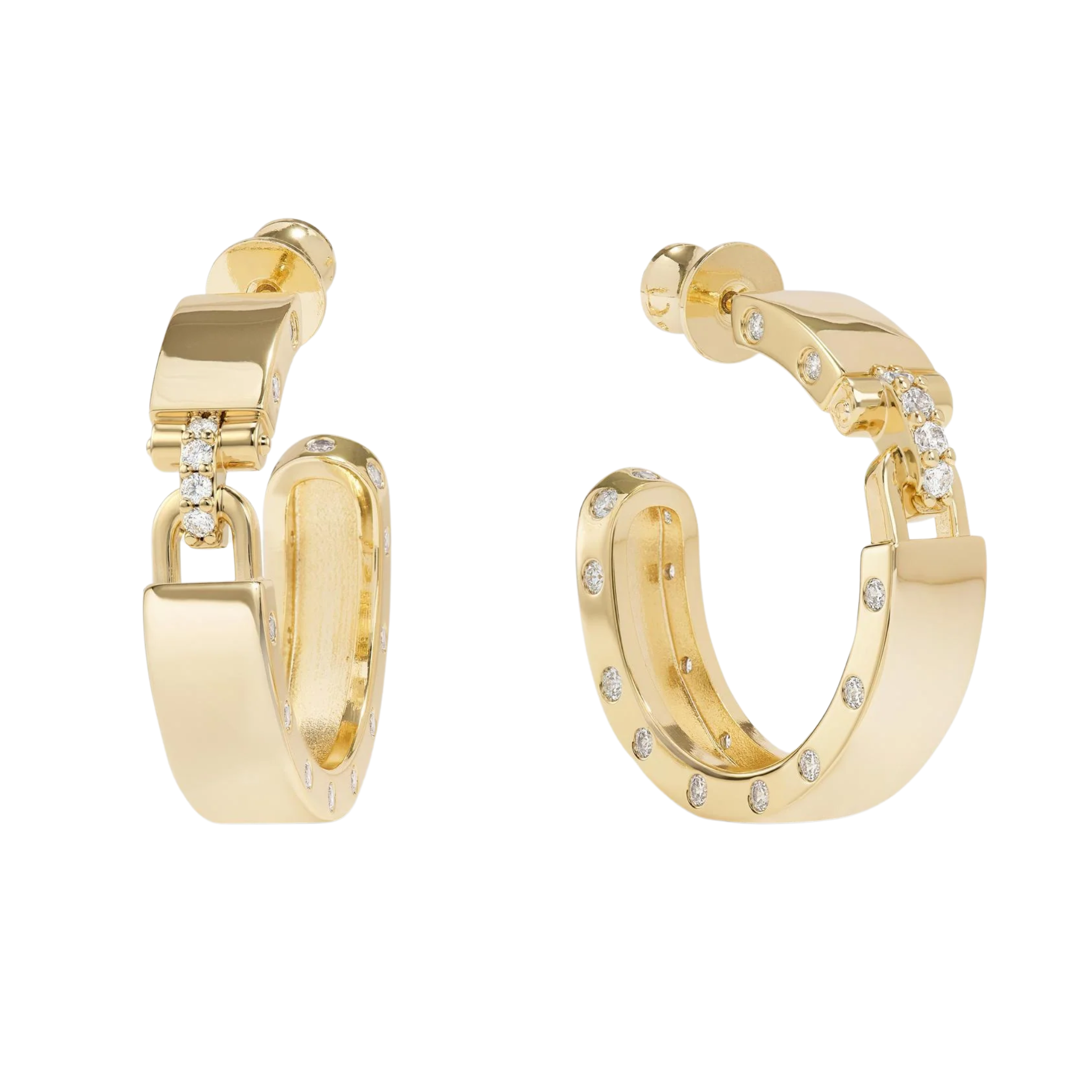 Gold Ashley Lock Hoops earrings by Melinda Maria with white diamondette accents, showcasing a sleek 1-inch hoop design.