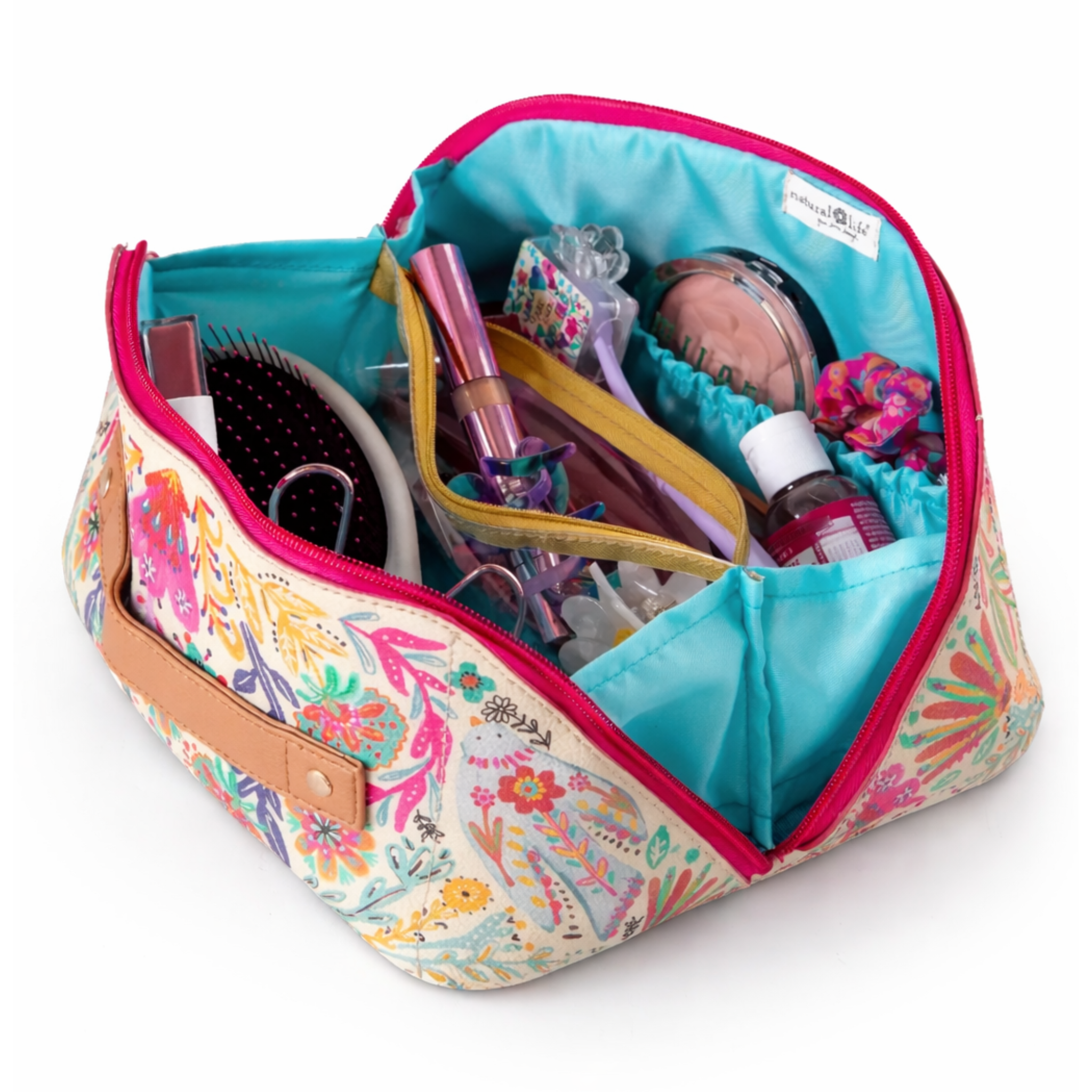 Cream Folk Flower Travel Cosmetic Organizer pouch by Natural Life with floral pattern and zip closure.