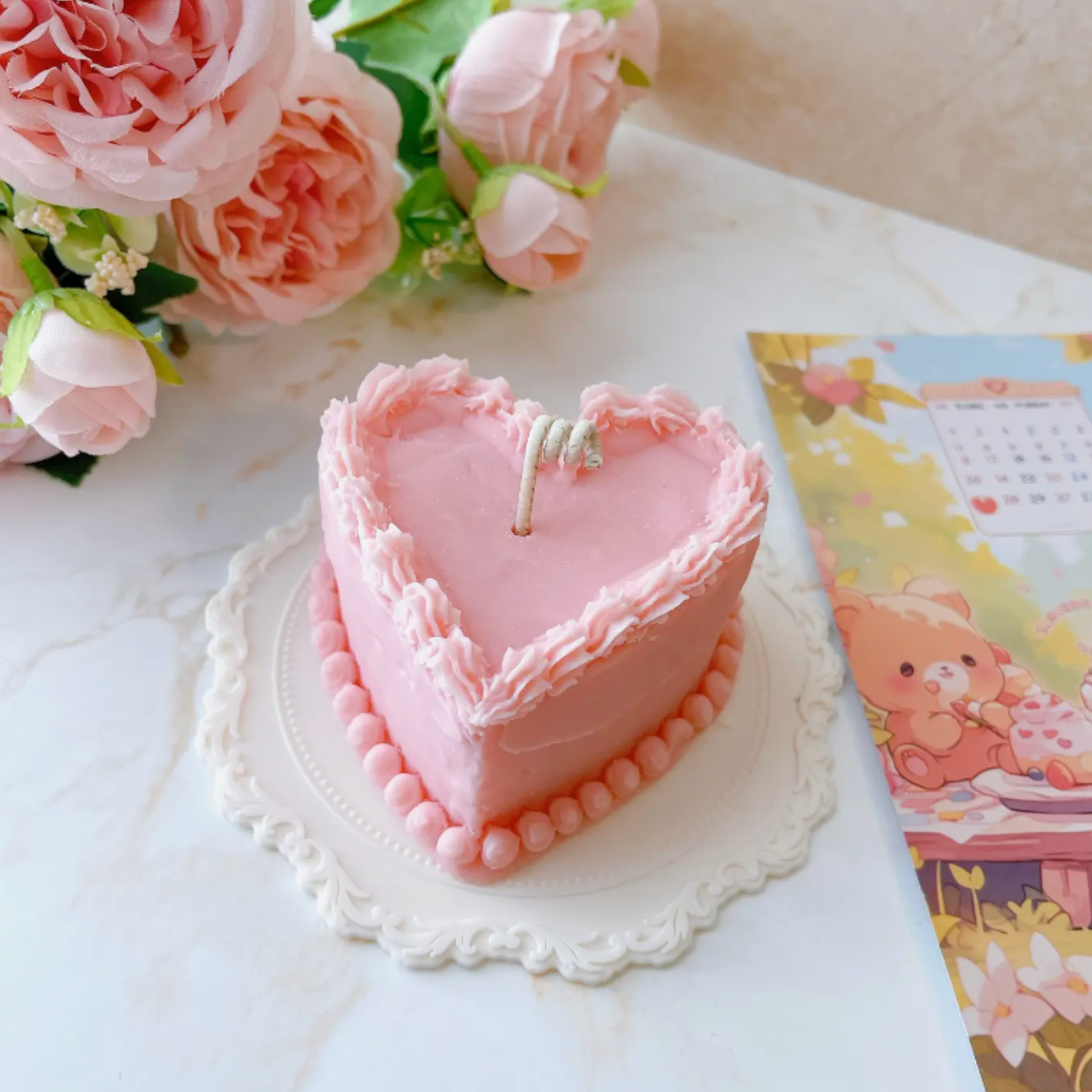 Heart Shaped Cake Candle, Pink Pastel Pillar Natural Soy Wax