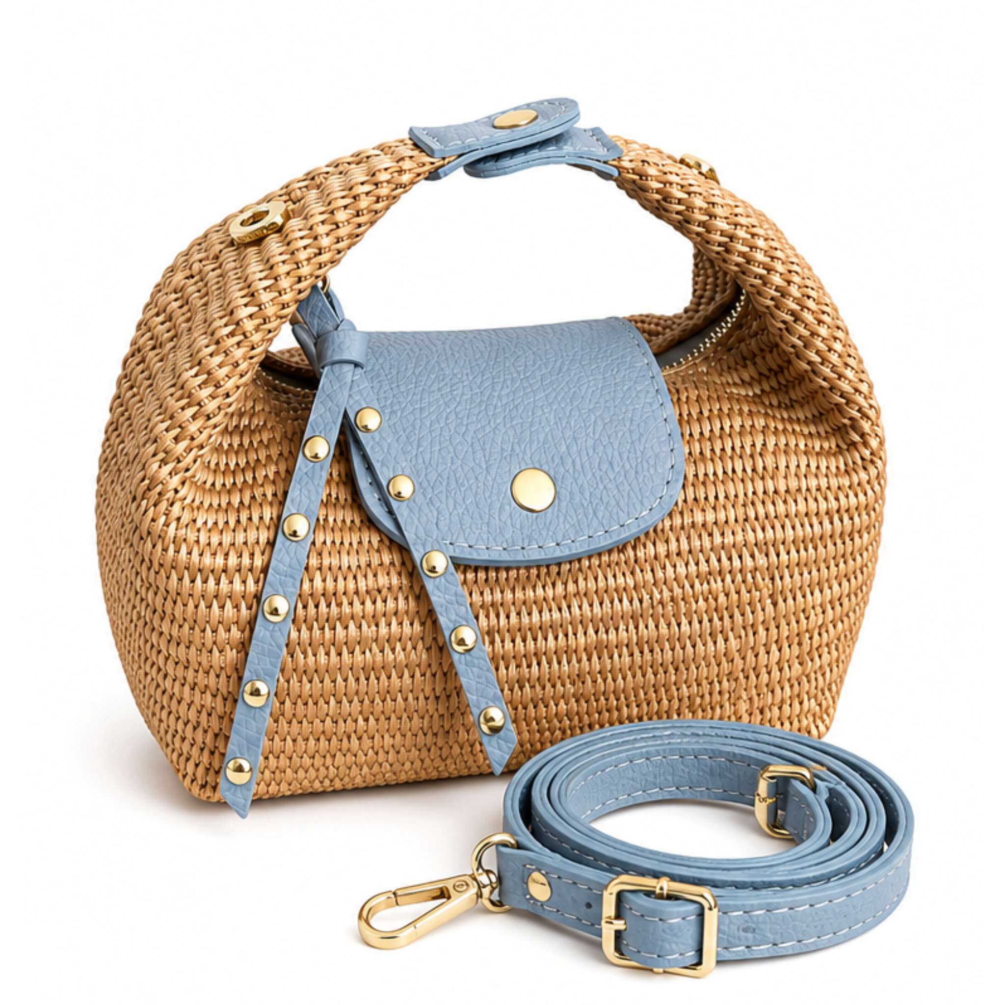 Private label JADE raffia crossbody bag with adjustable strap and woven texture, shown in natural light.