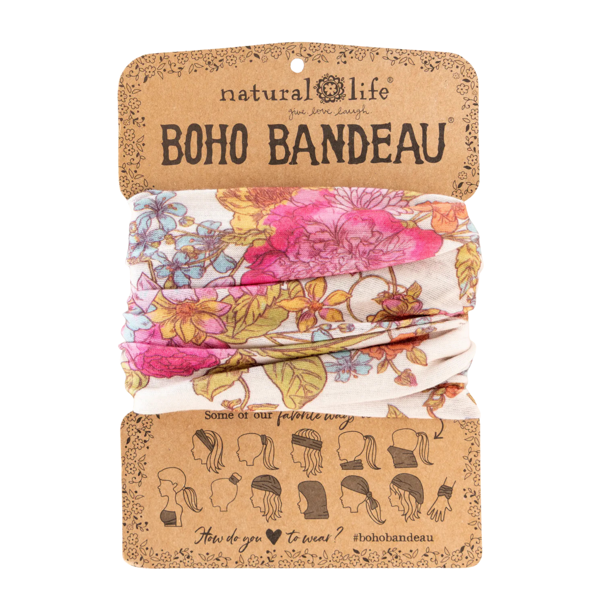 Full Boho Bandeau® Headband in English Garden Cream with floral patterns on a soft fabric background.