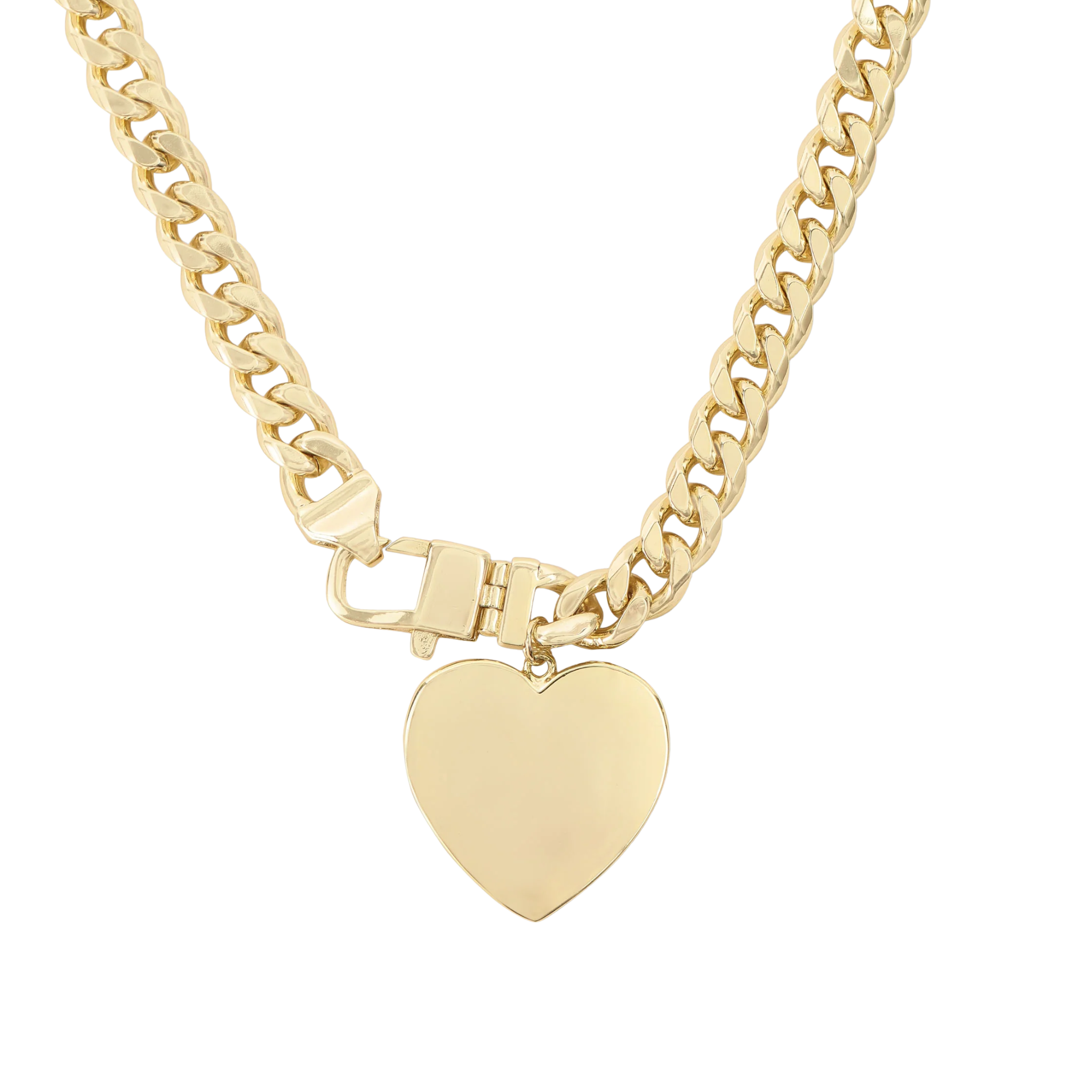 Gold Julian XL Heart Cuban Chain Necklace by Melinda Maria, 6.8mm thick, showcasing a bold, heart-shaped pendant on a chunky chain.