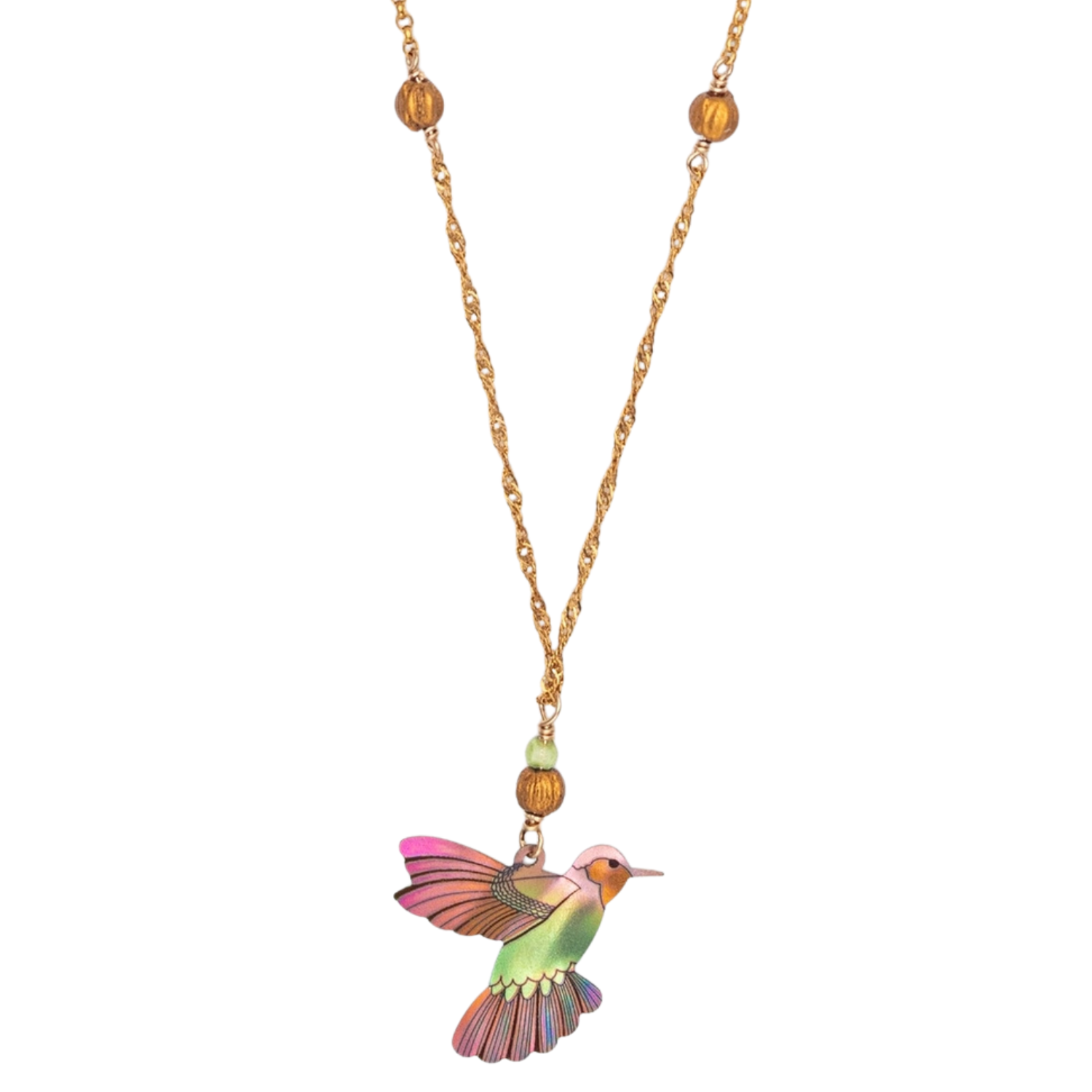 Holly Yashi Picaflor Pendant Necklace featuring a floral design with colorful, handcrafted metal and glass elements.
