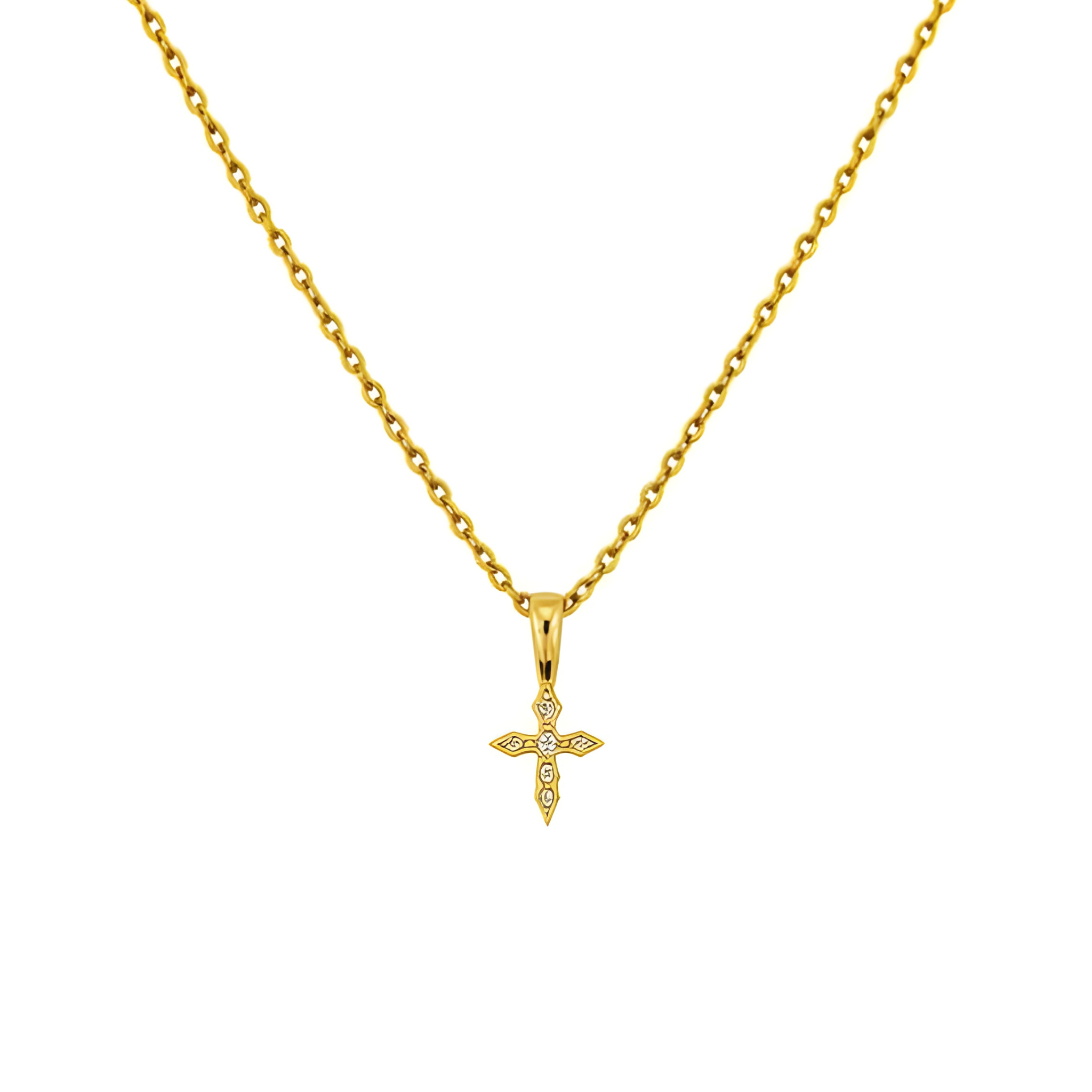 Pointed off cross necklace in silver with a delicate chain, featuring a minimalist design by Private label.