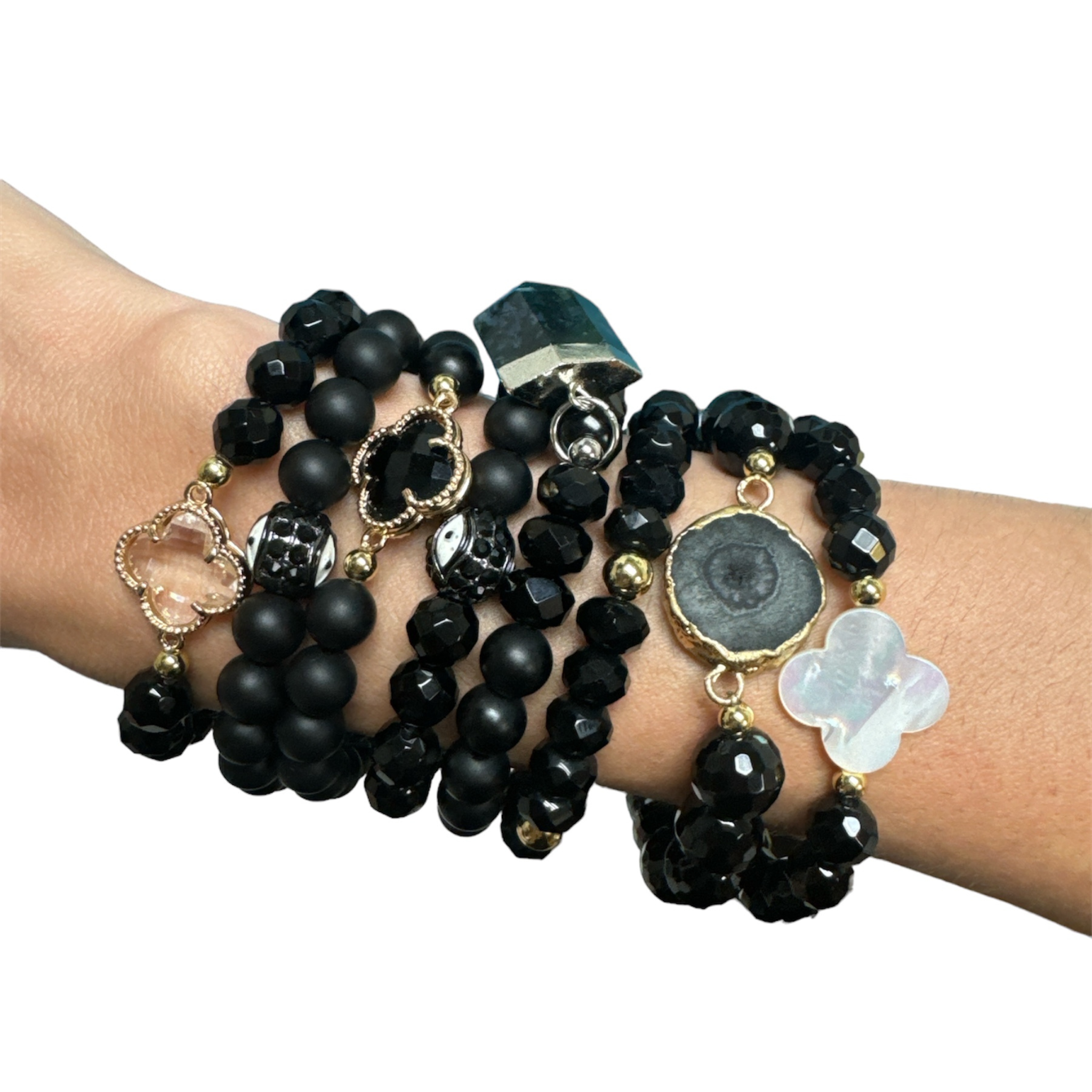 Black beaded bracelet stack