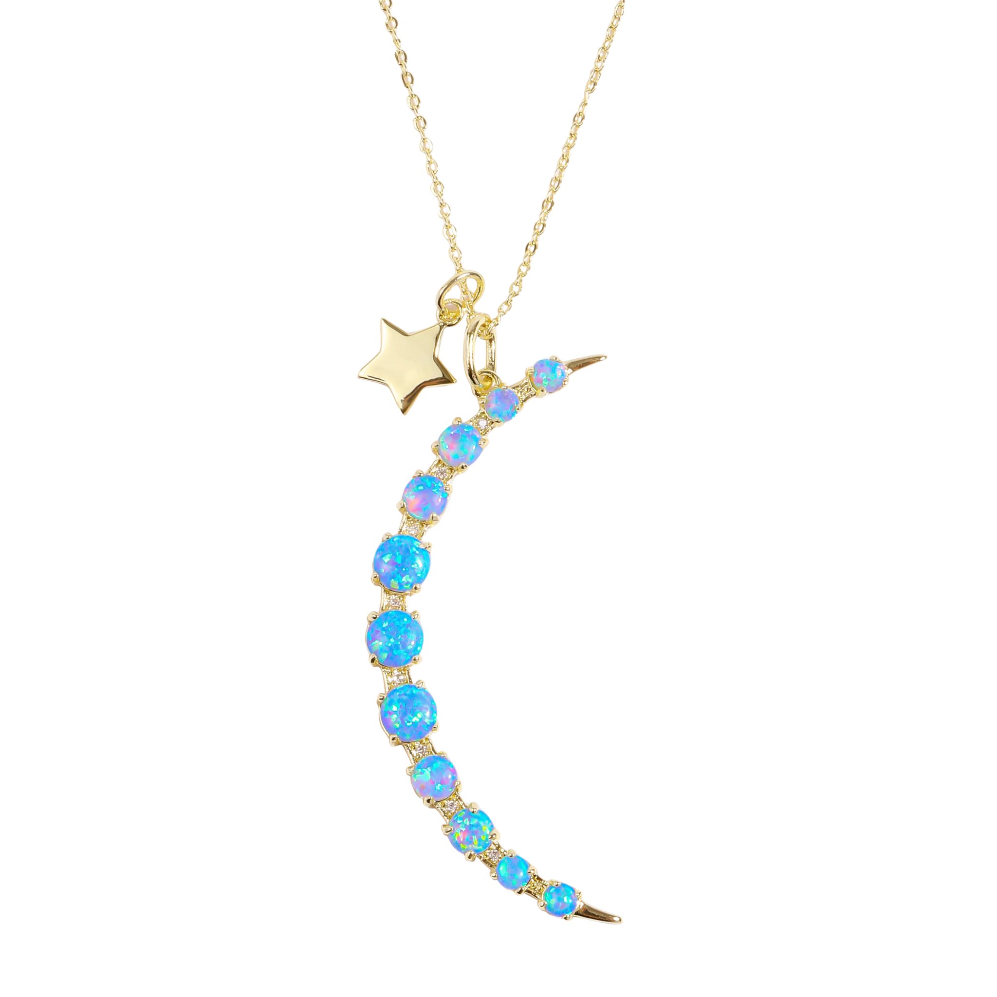 Gold "What Dreams are Made of" necklace by Melinda Maria featuring a blue opal pendant on a delicate chain.