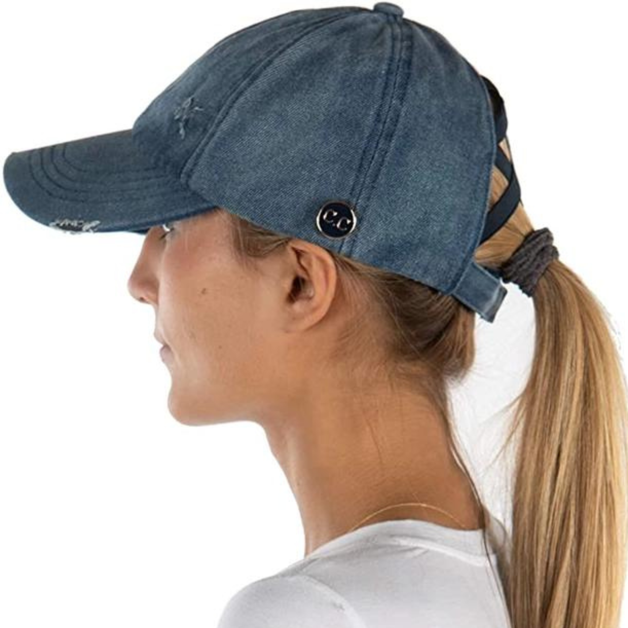 Criss Cross Ponytail Cap W/Buttons (Denim)