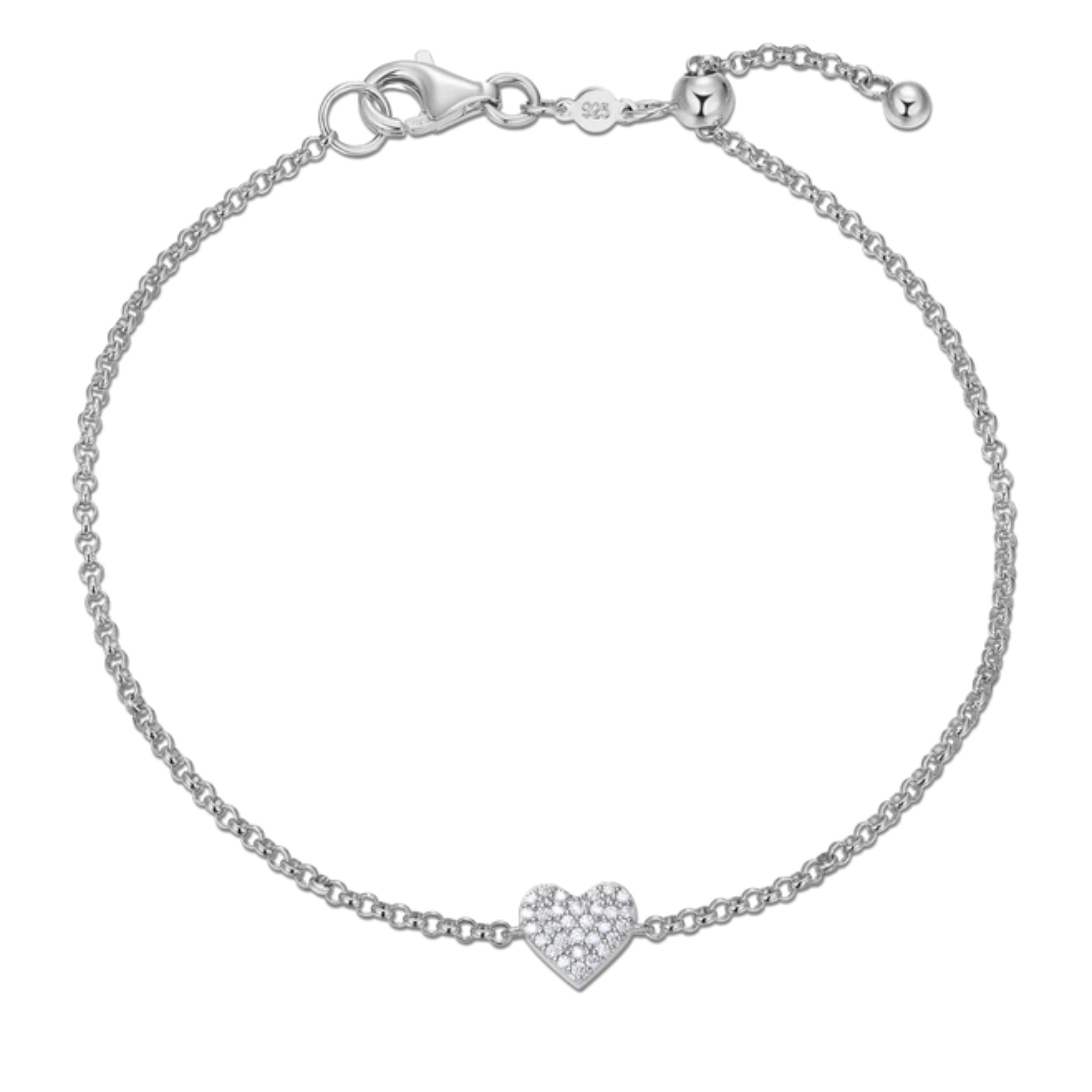 Pave Heart Bolo Bracelet in Rhodium Plated Sterling Silver