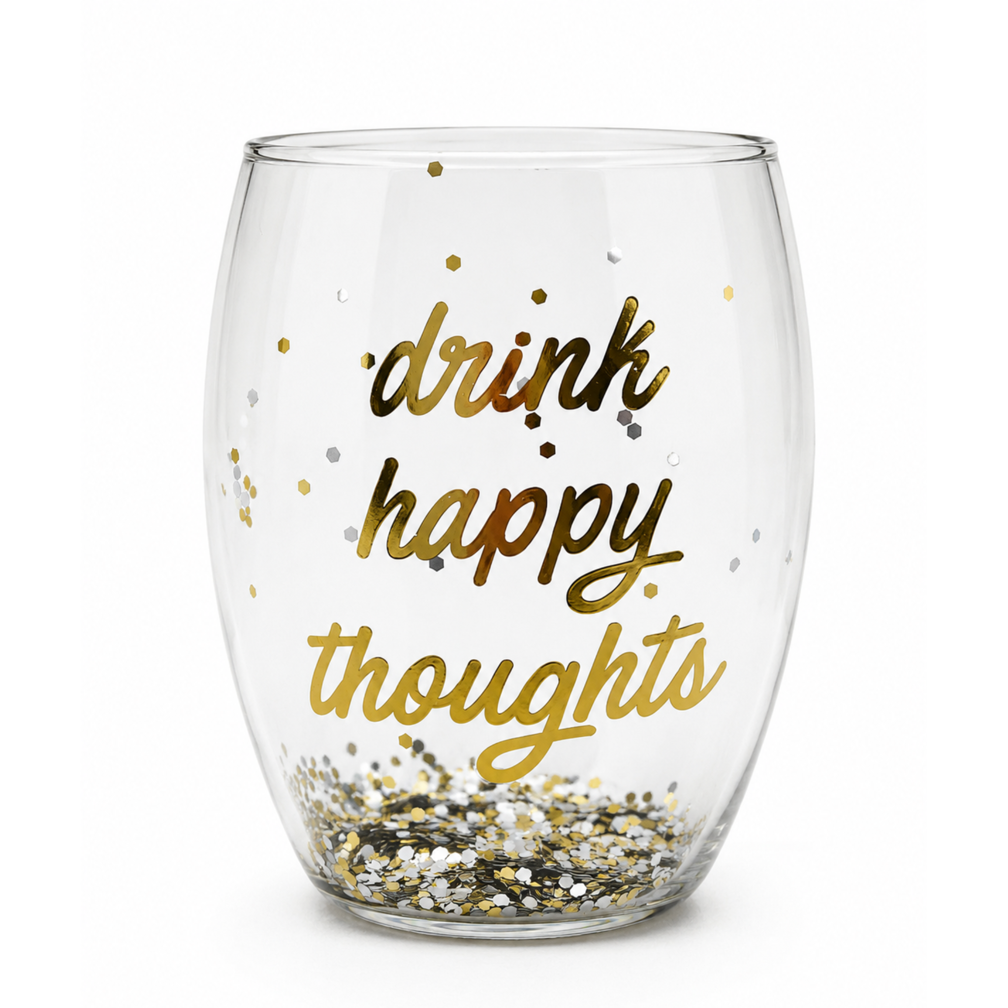 Mudpie Drink Happy Thoughts Confetti Wine Glass with colorful confetti design, perfect for enjoying wine in a fun, cheerful style.