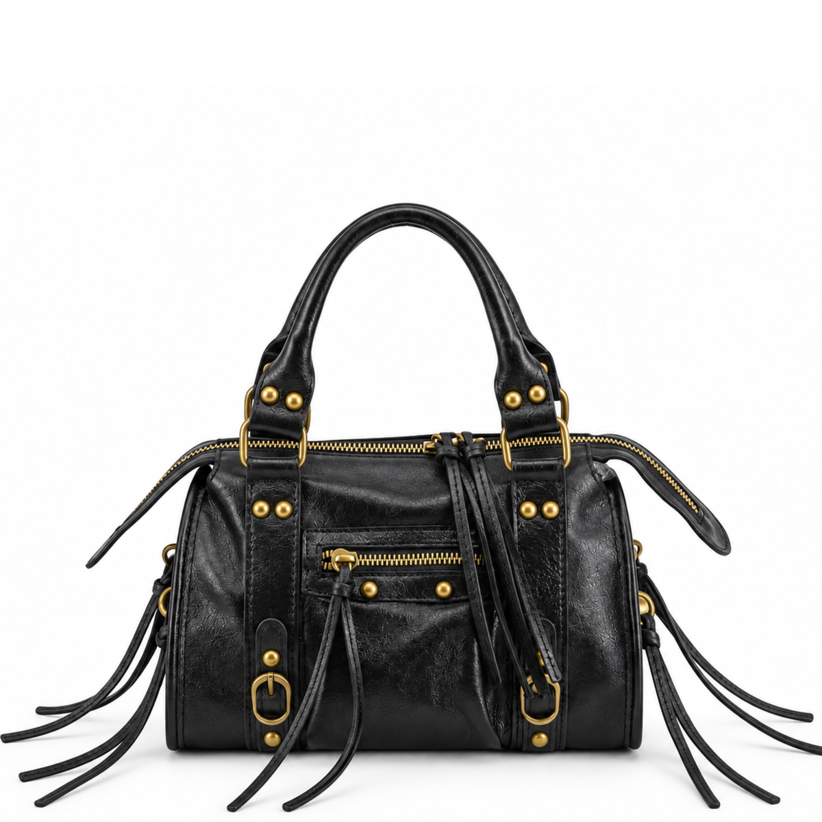 Black Moto Studded Leather Satchel Crossbody Bag