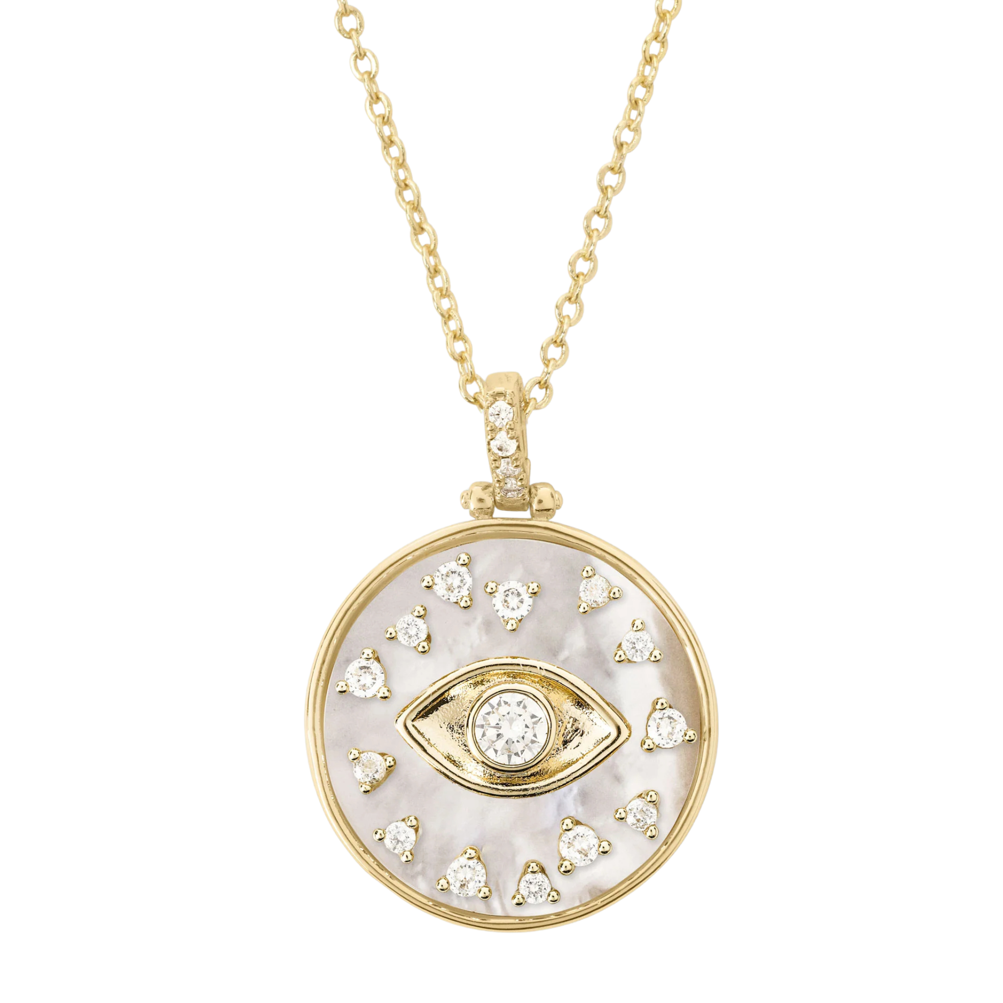 Gold Evil Eye Medallion Necklace by Melinda Maria with white diamondettes, featuring a detailed eye design.