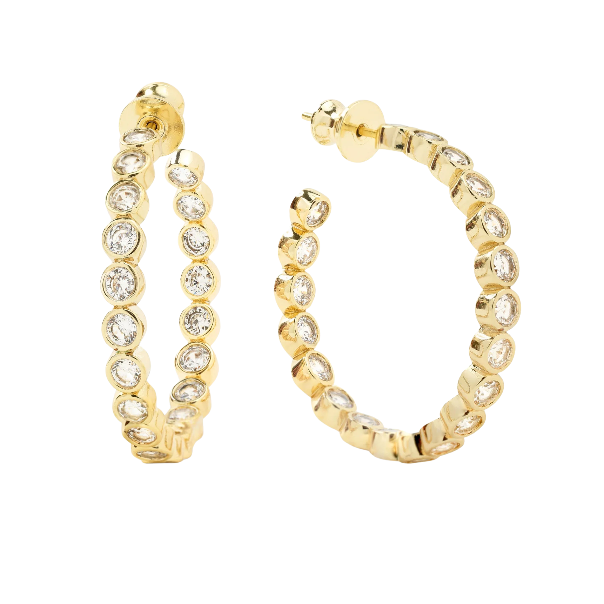 Melinda Maria Baroness Hoops 1.25-inch gold earrings with white diamondette accents, showcasing their elegant hoop design.