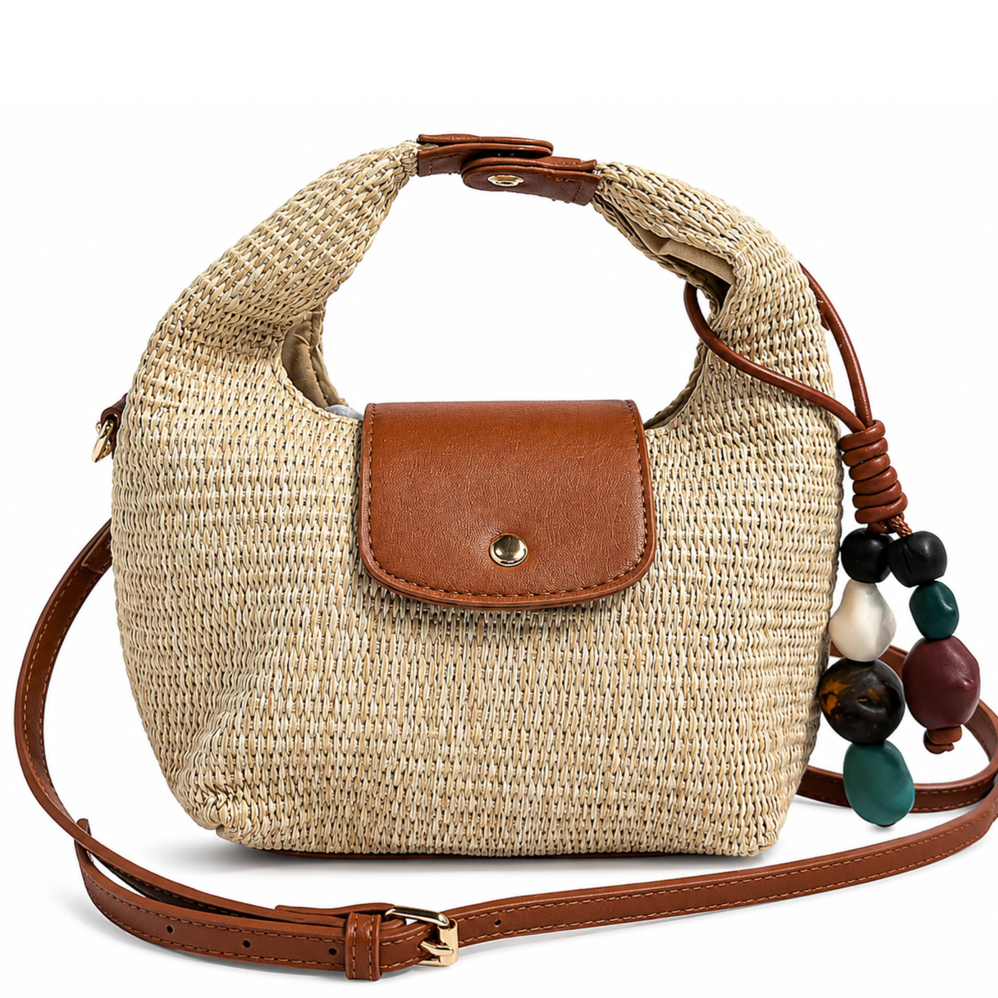 AHDORNED Courtney Raffia Crossbody Bag with woven straw design, adjustable strap, and compact shape for casual style.