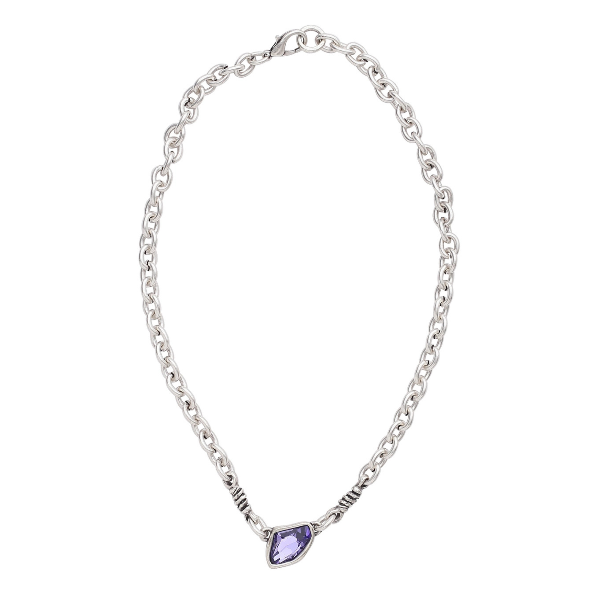 Handmade purple crystal pewter necklace by Chanour featuring a vibrant purple crystal pendant on a silver chain.