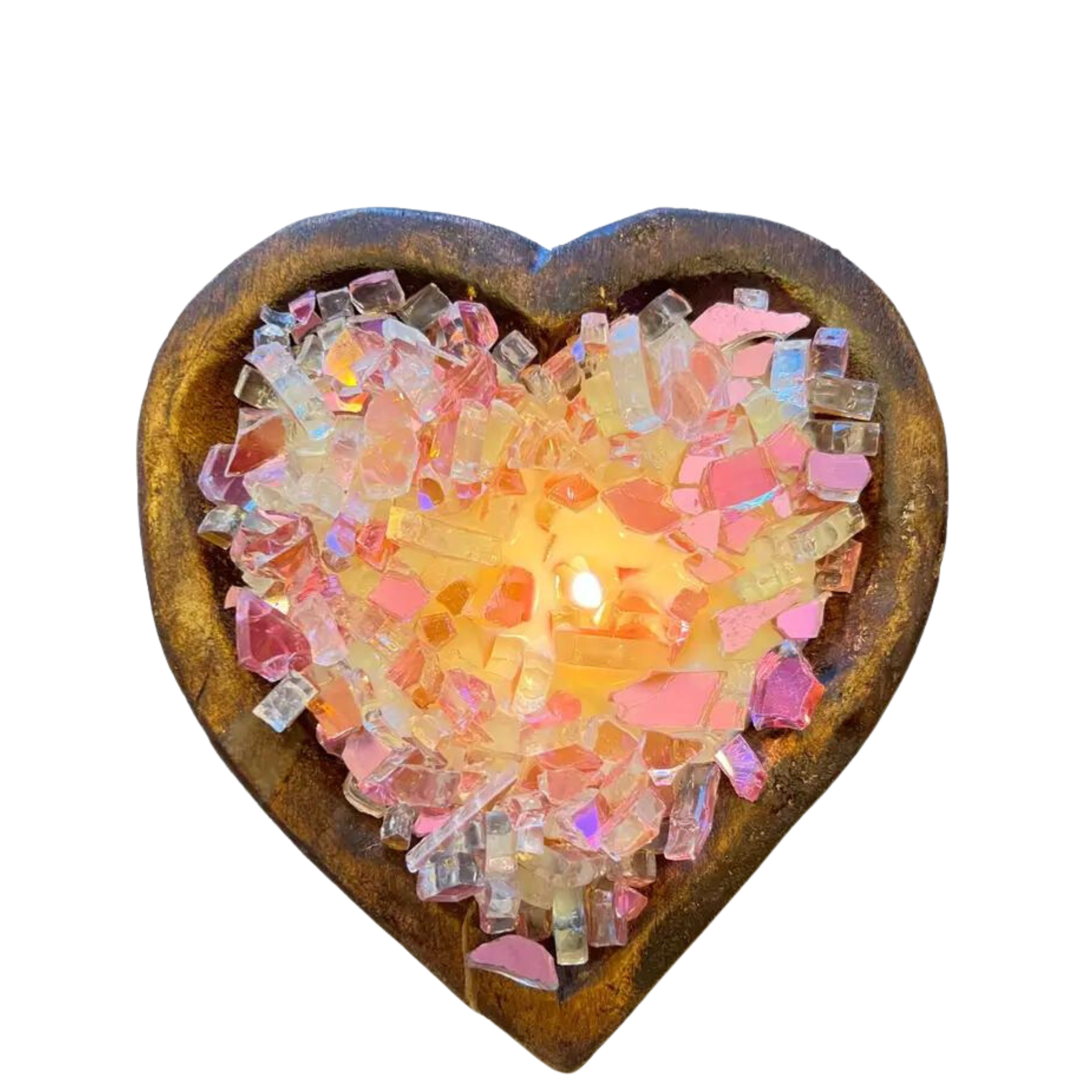 "Fiery Heart" Pink fire pit glass on heart doughbowl