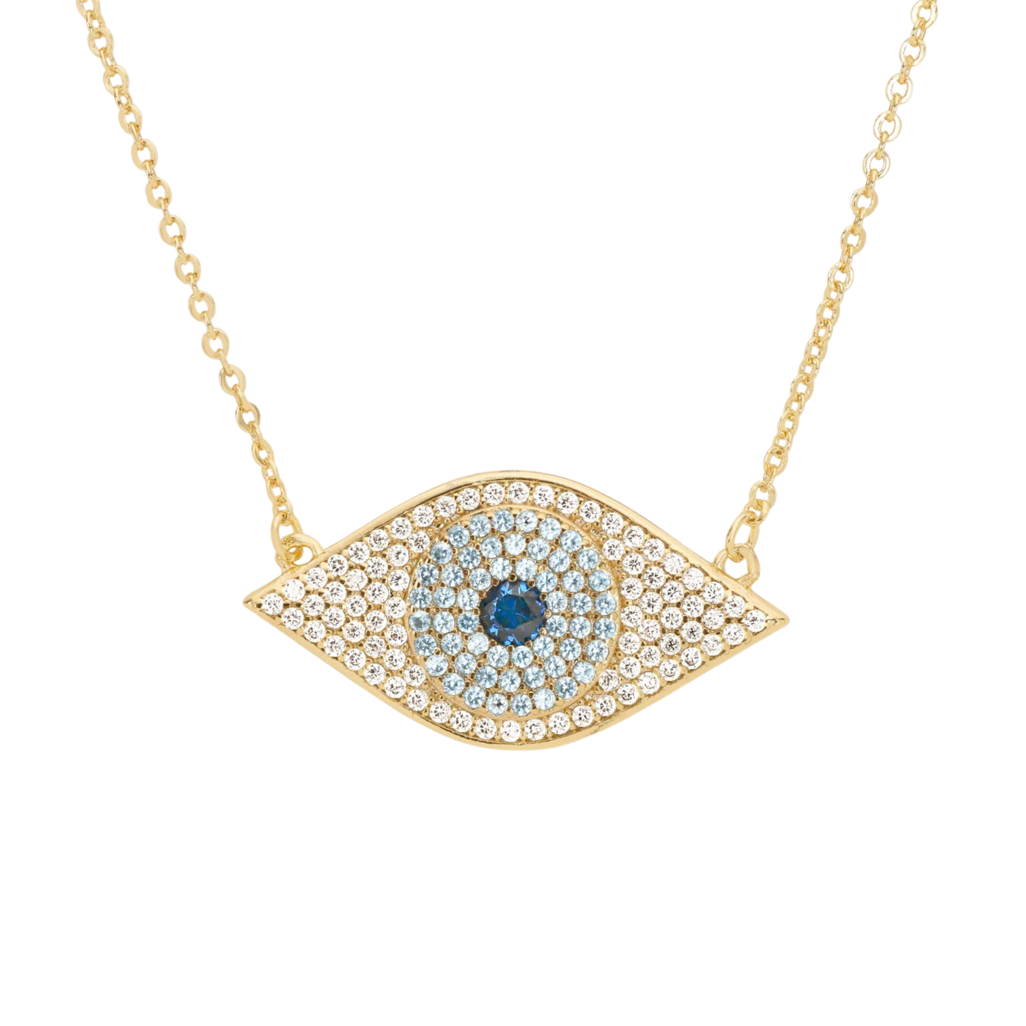 Blue evil eye necklace by Melinda Maria featuring a gold chain and white diamondette accents, designed for stylish protection.