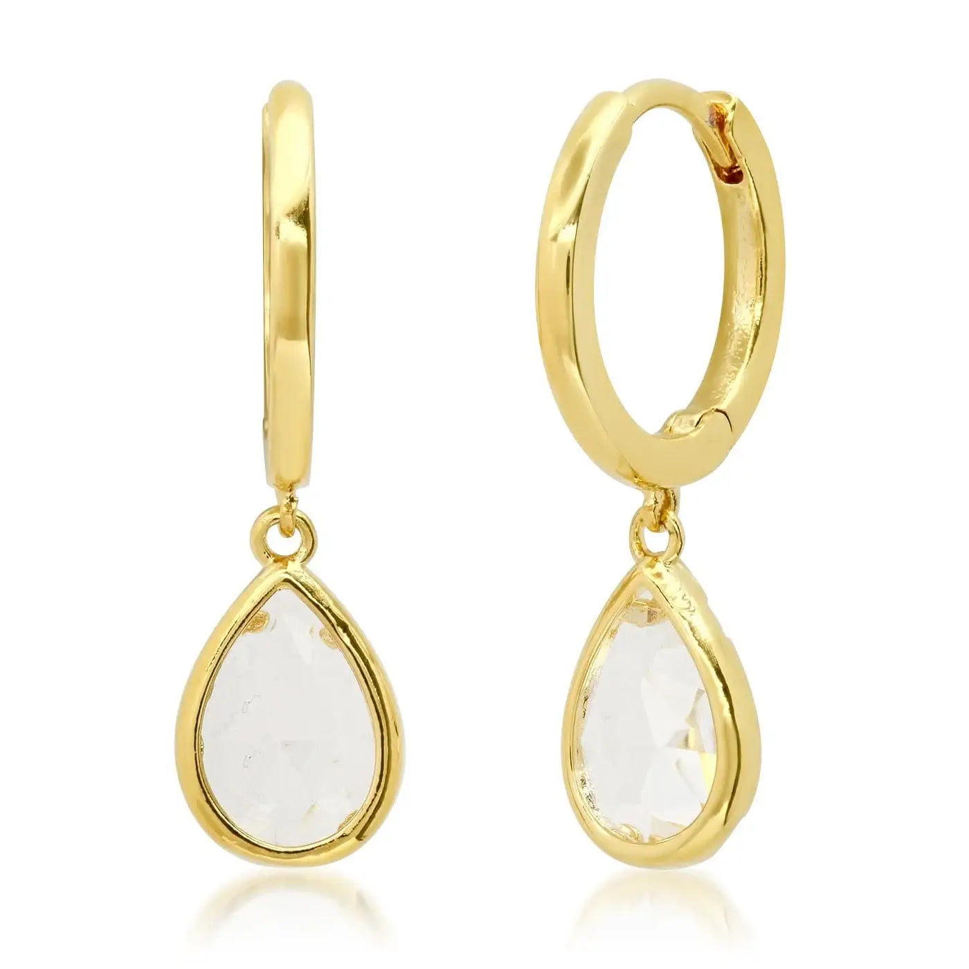 Tai Jewelry huggie earrings with bezel set pear-shaped charm in sterling silver, showcasing elegant jewelry design.