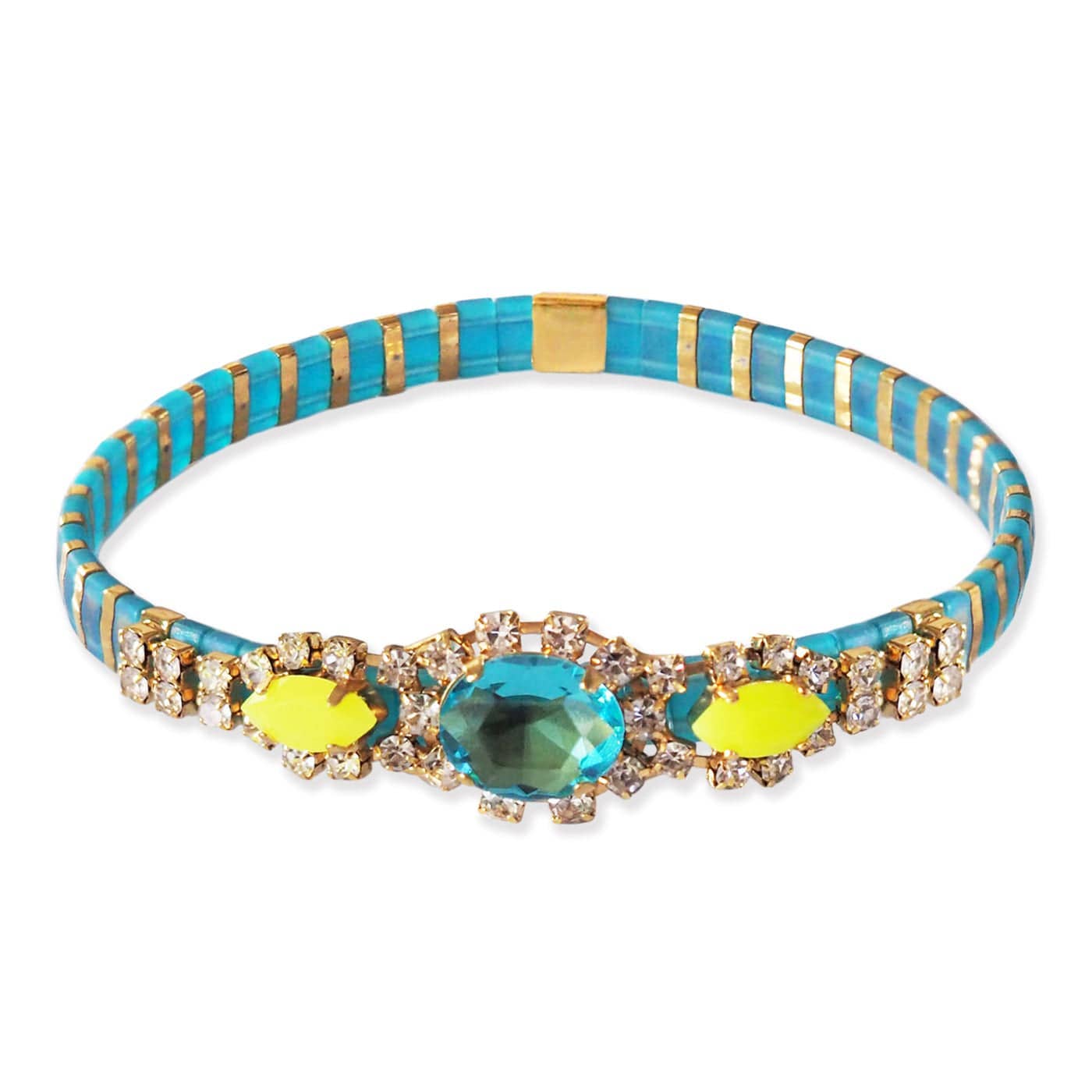 Handmade Tai Jewelry bejeweled Tila beaded bracelet with colorful beads and intricate design, close-up view of the bracelet.