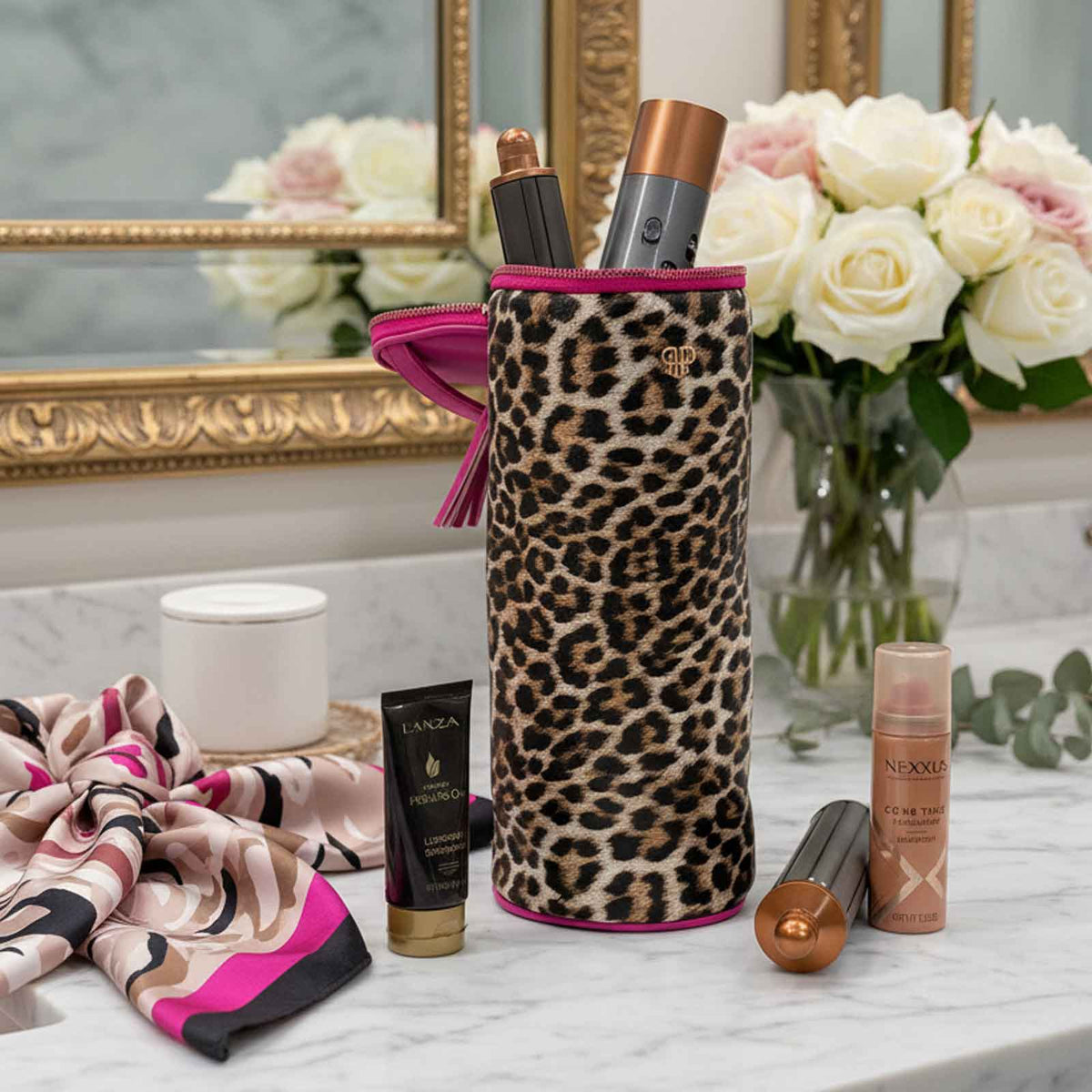 PurseN Fierce Leopard Hot Tools Holder pouch with leopard print fabric and zip closure, designed for styling tool storage.