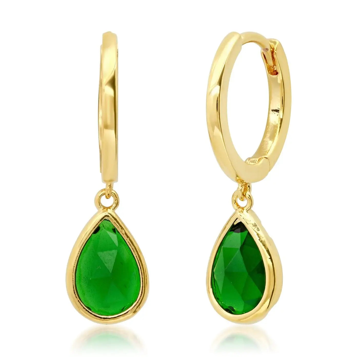 Huggie earrings with bezel-set pear-shaped charm by Tai Jewelry, showcasing elegant gold hoops with sparkling gemstone accents.