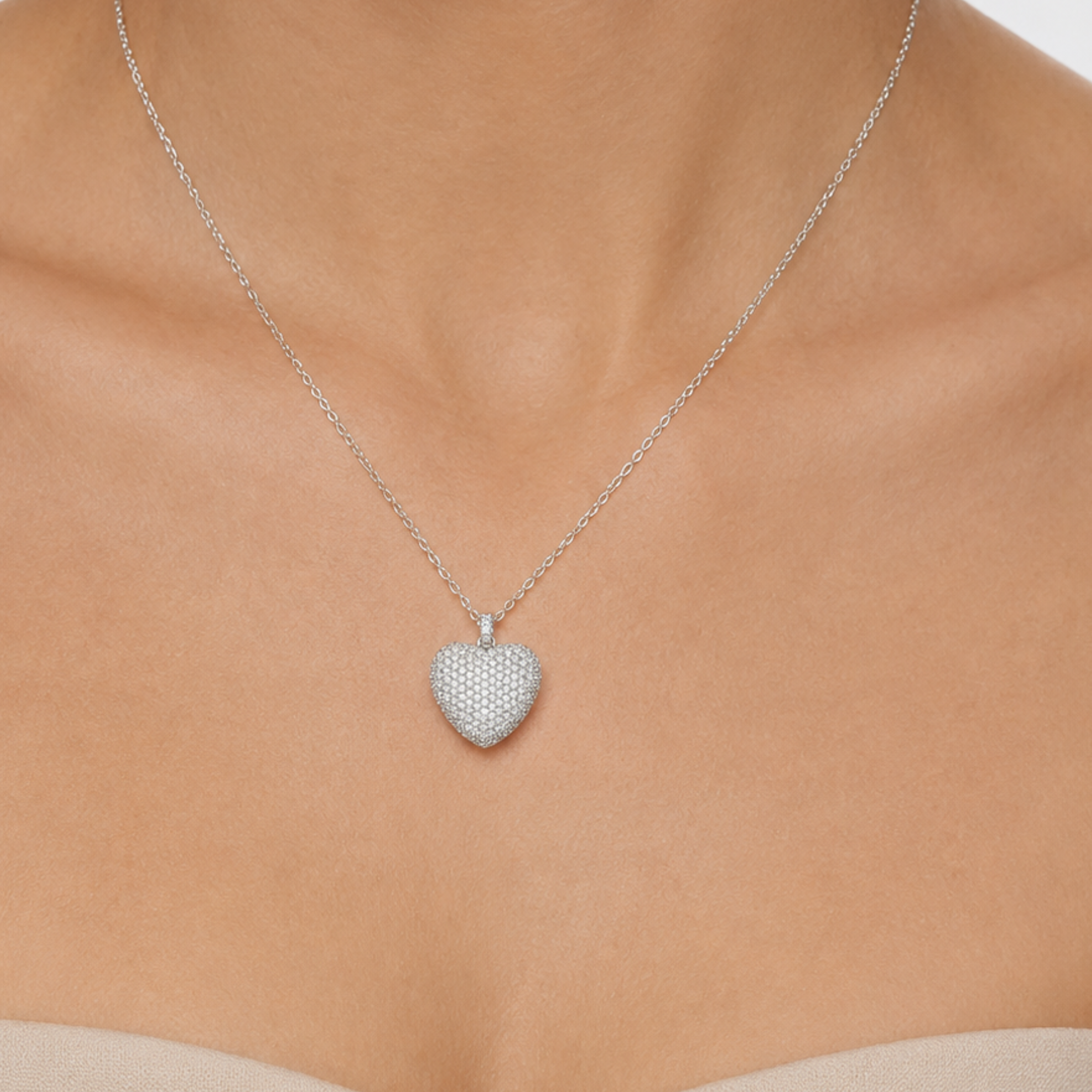 Iced CZ Puffy Heart Necklace - 925 Sterling