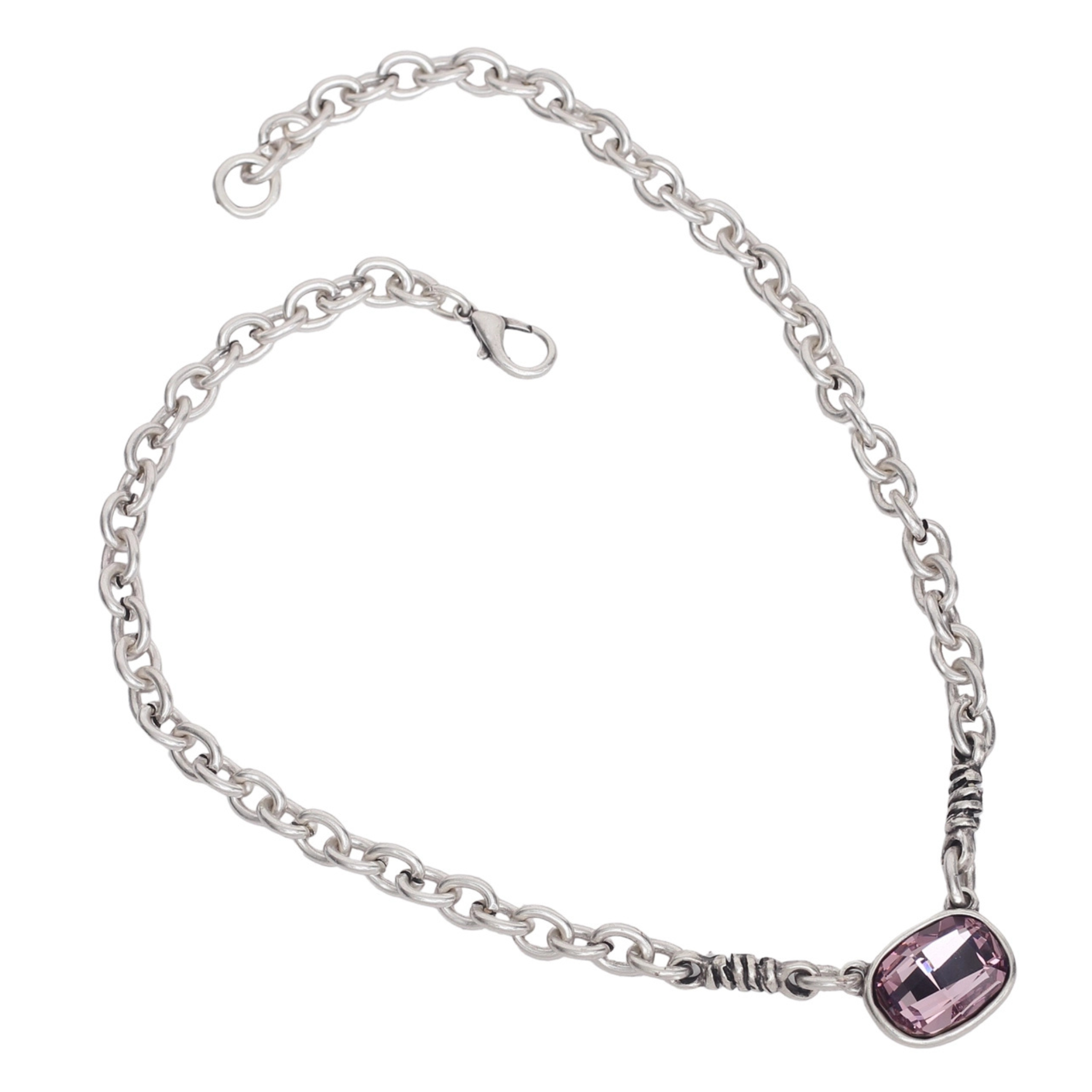 Handmade pink crystal pewter necklace featuring a delicate chain and a sweet pink crystal pendant by Chanour.