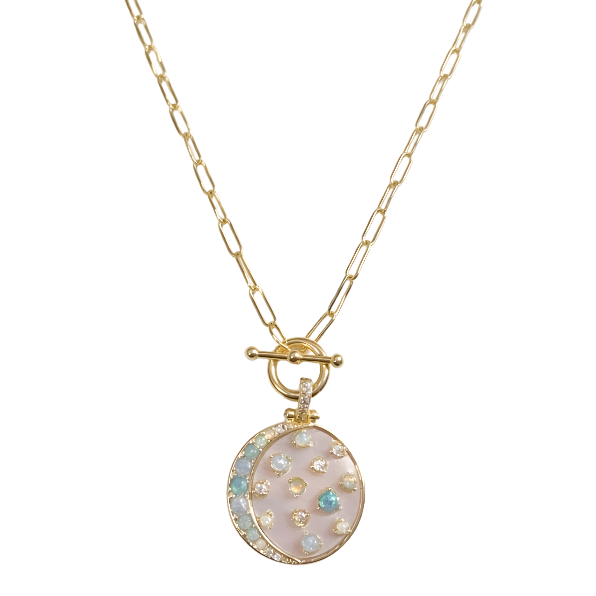 Gold necklace featuring a blue opal ombre pendant from Melinda Maria's Sweet Dreams Samantha Chain Necklace collection.