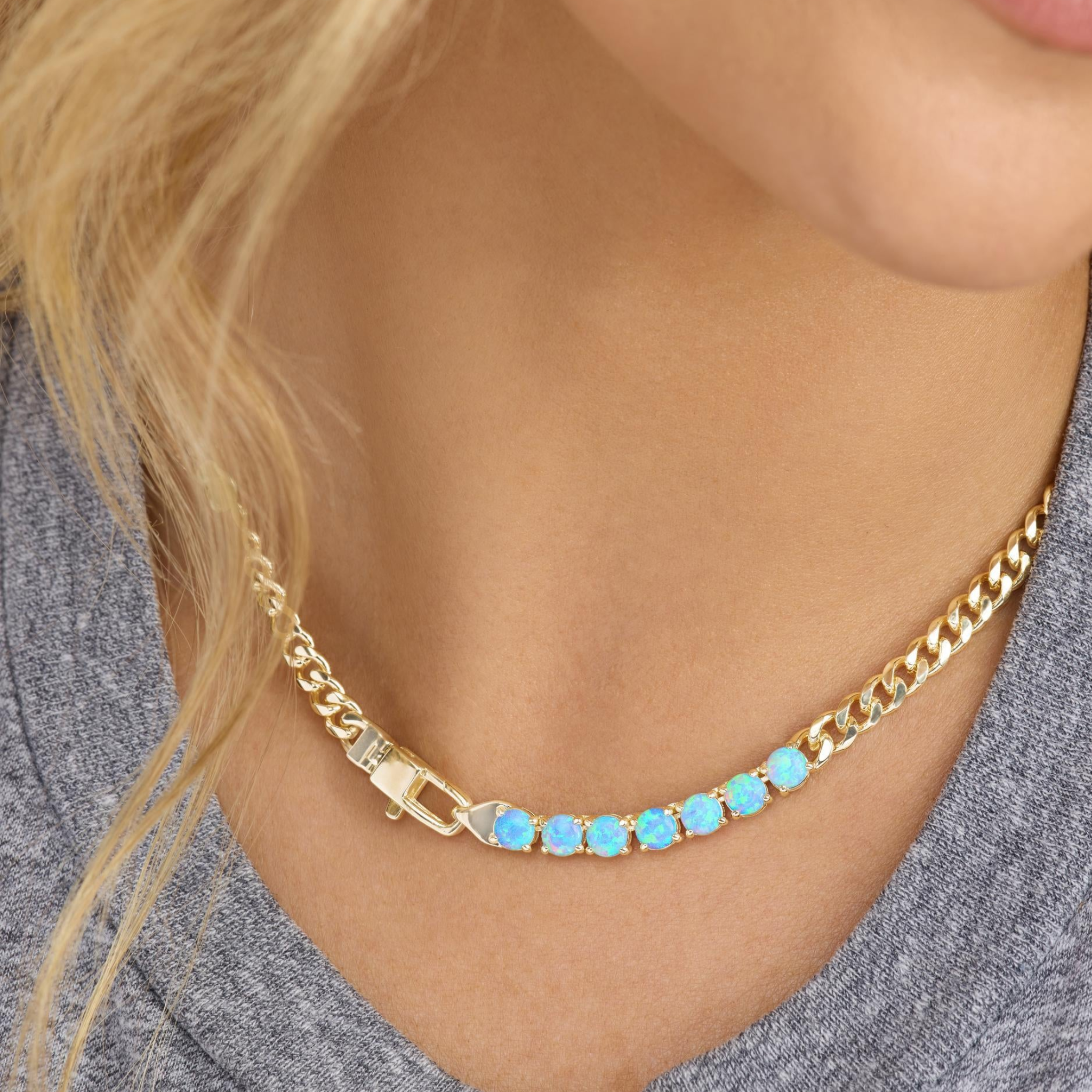 Melinda Maria Julian Loves Opals Necklace with 5mm blue opal stones on gold chain, elegant jewelry for special occasions.