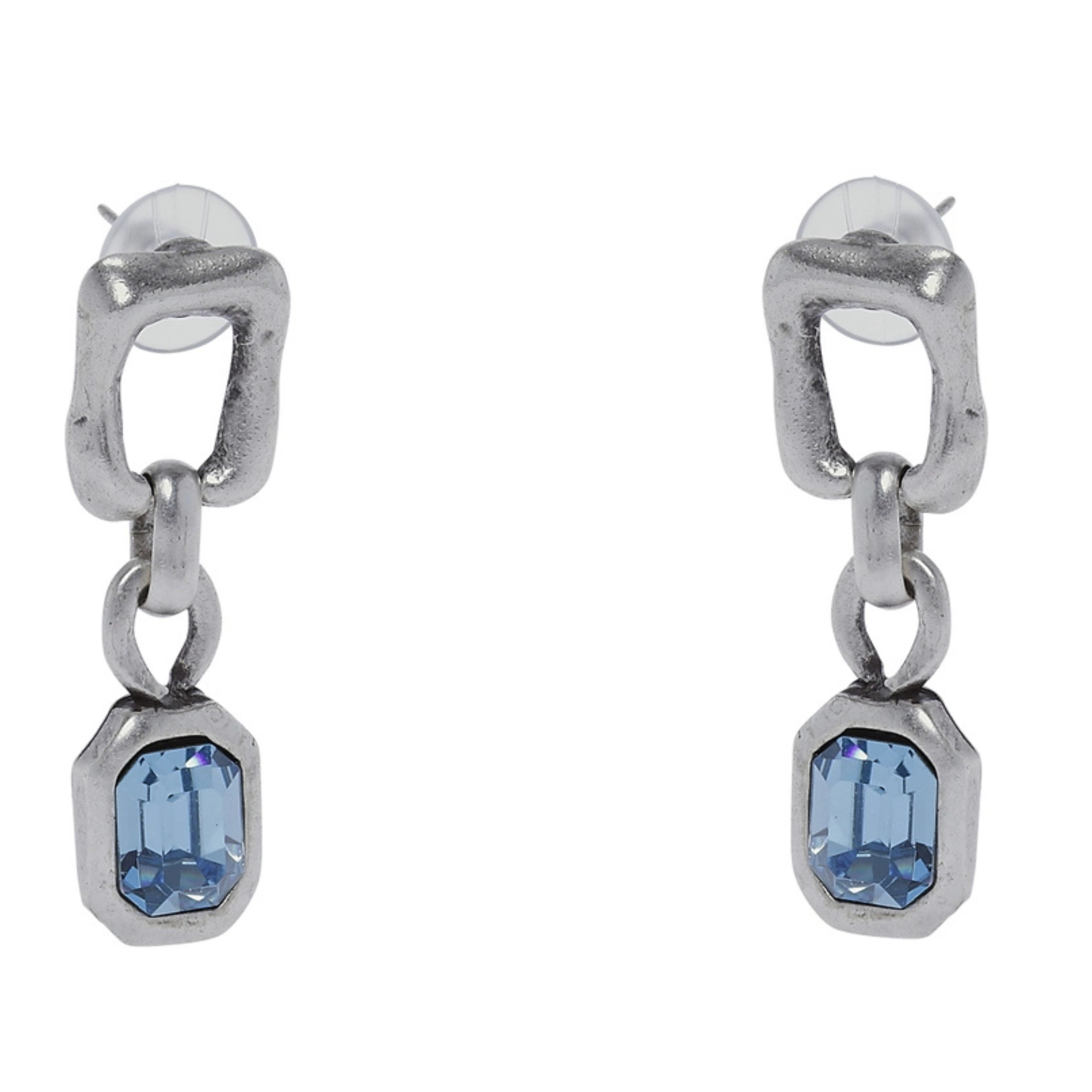 Handmade aquamarine pewter earrings with intricate design, featuring blue gemstone accents and a unique artisanal style.