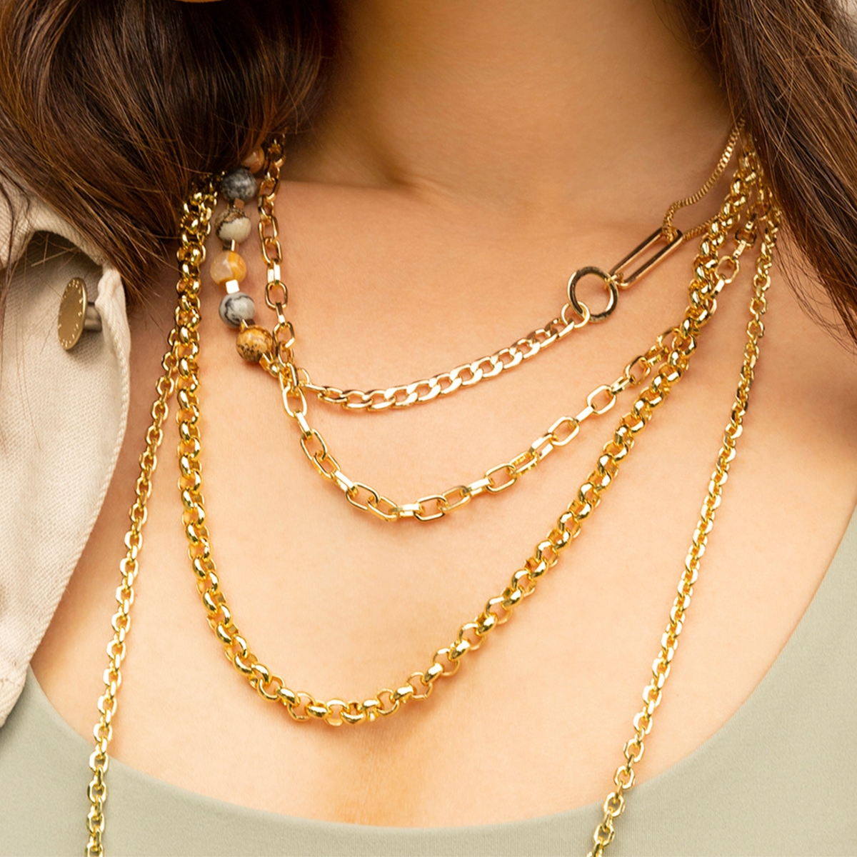 Marlyn Schiff mixed link necklace with natural stones, featuring a textured gold-tone chain and colorful stone accents